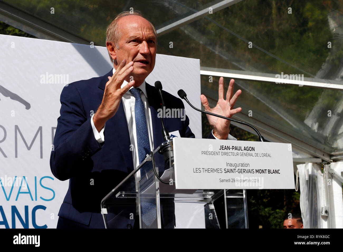 Saint-Gervais Mont-Blanc thermal spa. L'Oreal's chair and CEO Jean-Paul Agon. 0pening ceremony on Sept 29 2018.  France. Stock Photo