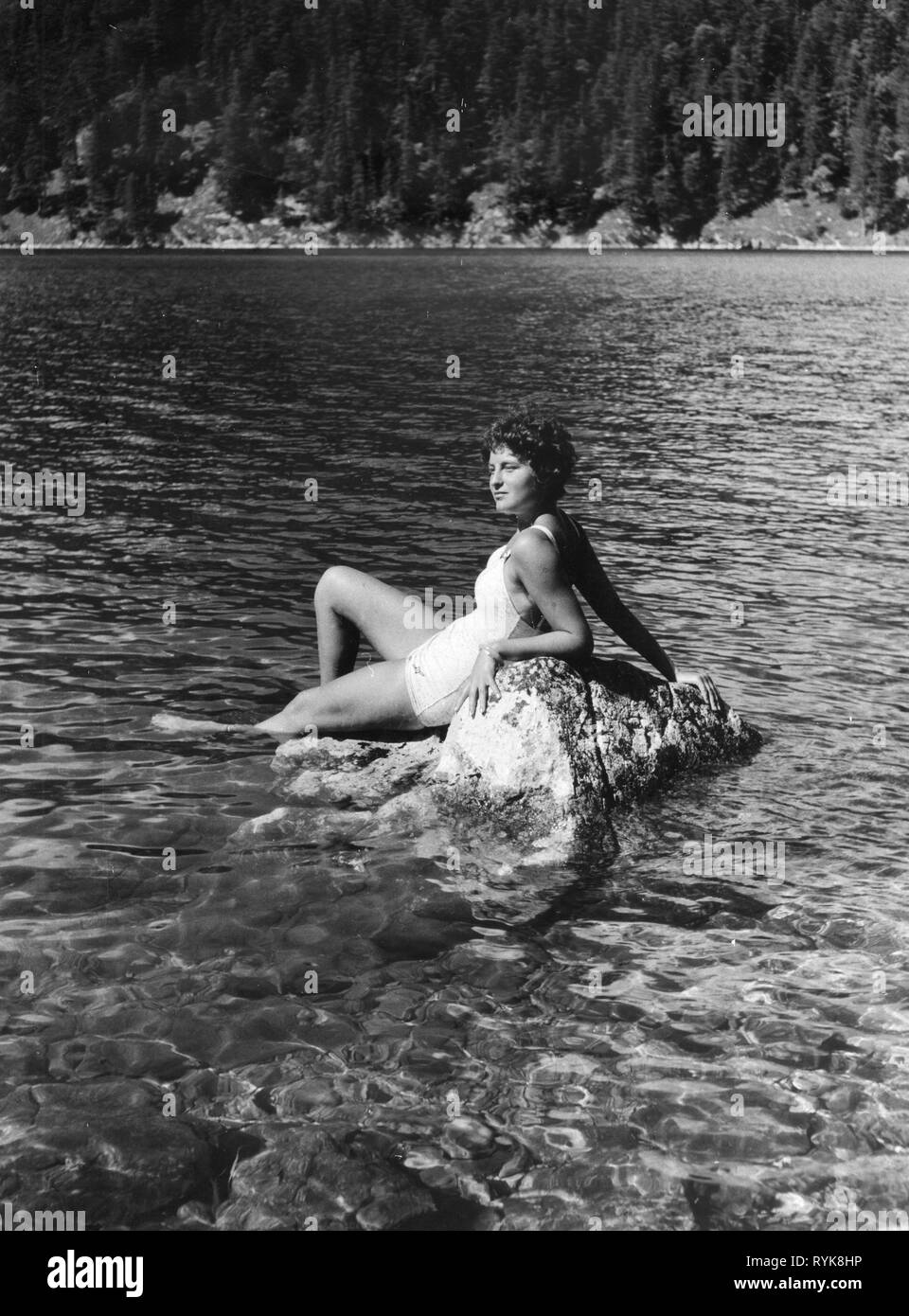 leisure time, bathing, woman in swimsuit on a lake, 1960s, Additional-Rights-Clearance-Info-Not-Available Stock Photo