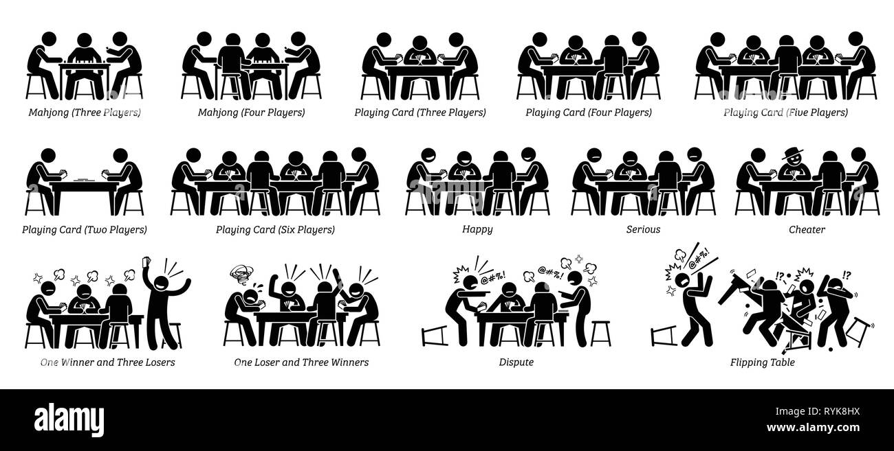 People playing game card, poker card, and mahjong on the table. Pictogram depicts different number of players, reactions, emotions, feelings, and acti Stock Vector