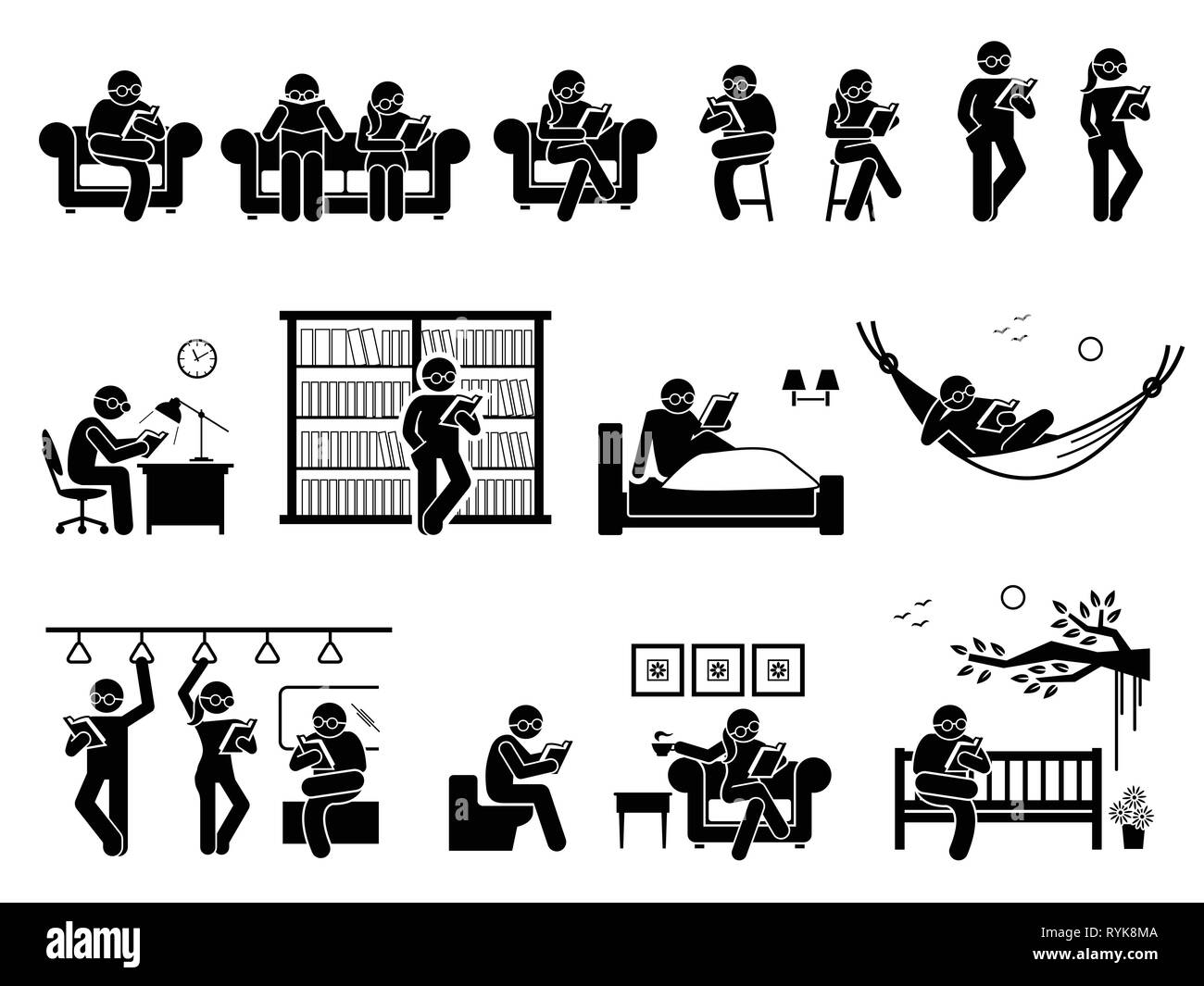 People reading book at different places. Pictogram depicts man and woman sitting and standing to read book on couch, chair, table, library, bed, hammo Stock Vector