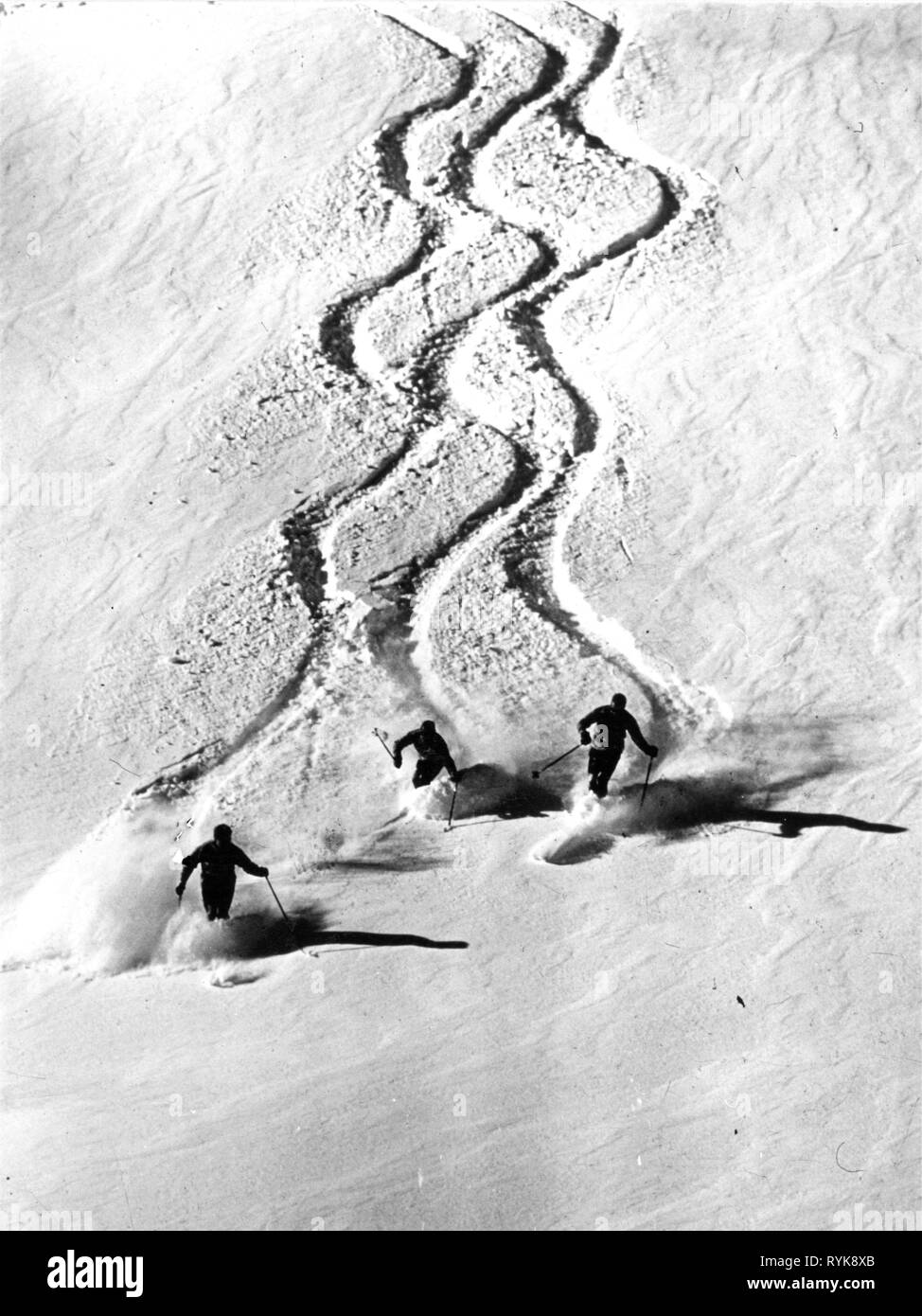 sports, winter sports, skiing, three skiers in the deep powder snow, Zuers, skiing area Arlberg, Vorarlberg, 1960s, Additional-Rights-Clearance-Info-Not-Available Stock Photo