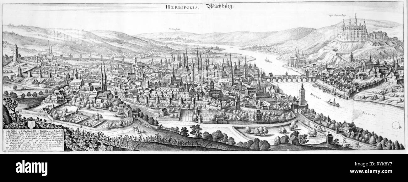 geography / travel, Germany, Wuerzburg, view, after copper engraving by Matthaeus Merian the Elder, Topographia Franconiae, 1648, Artist's Copyright has not to be cleared Stock Photo