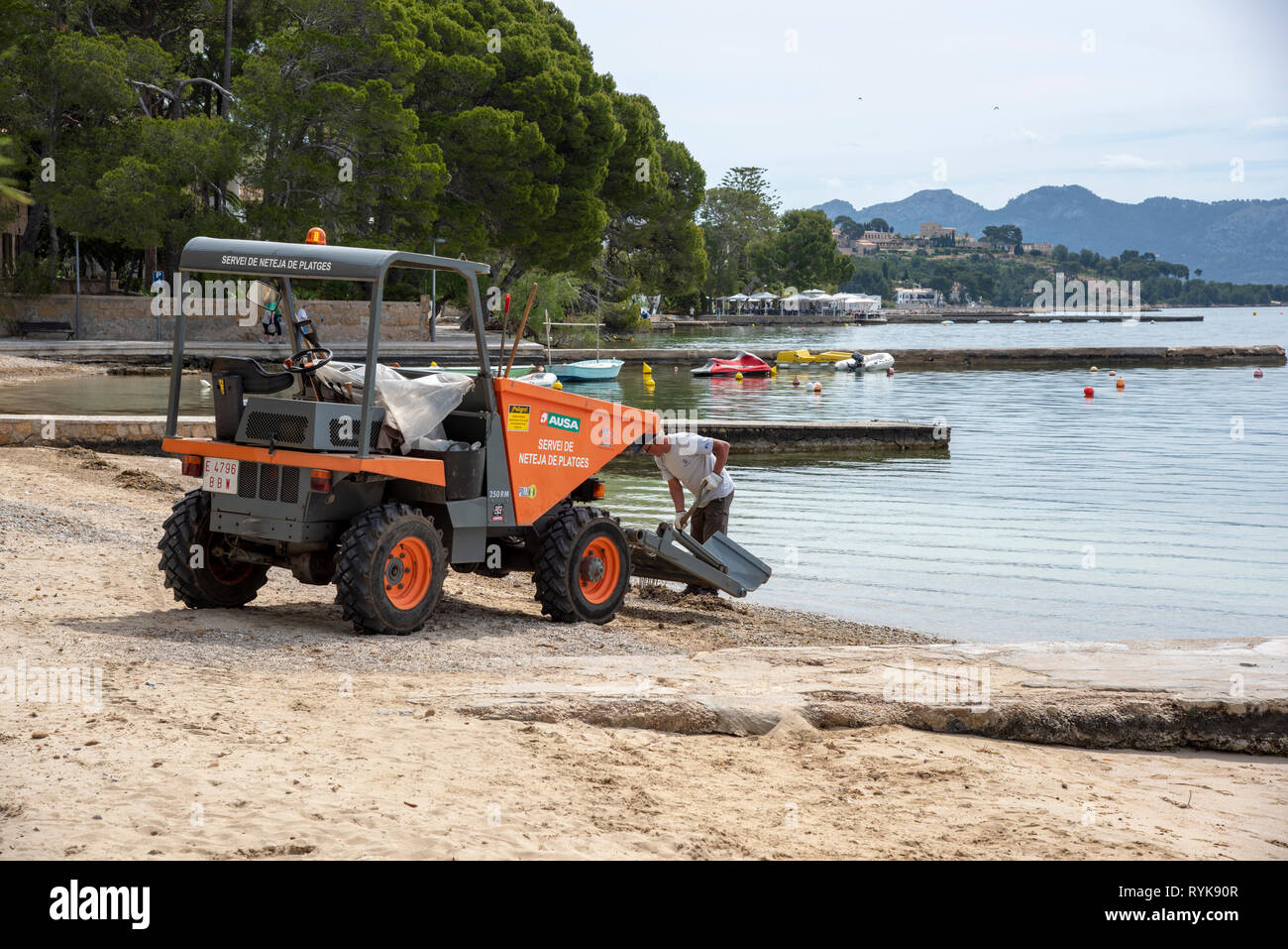 Clearing the sand beach near the Pine walk at Port de Pollenca, Majorca, Spain. Stock Photo