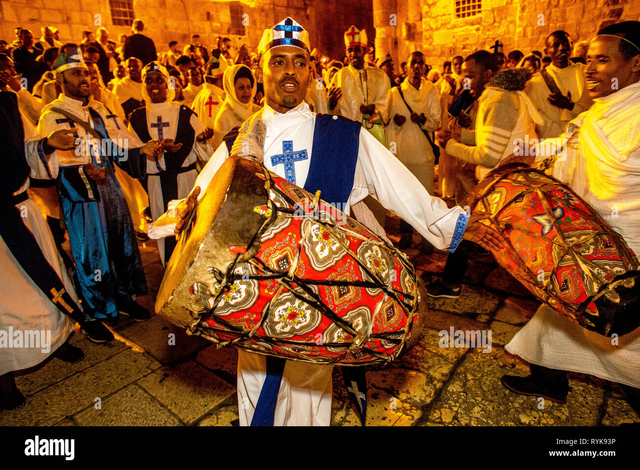 Ethiopian orthodox christians celebrating Easter vigil outside the Holy