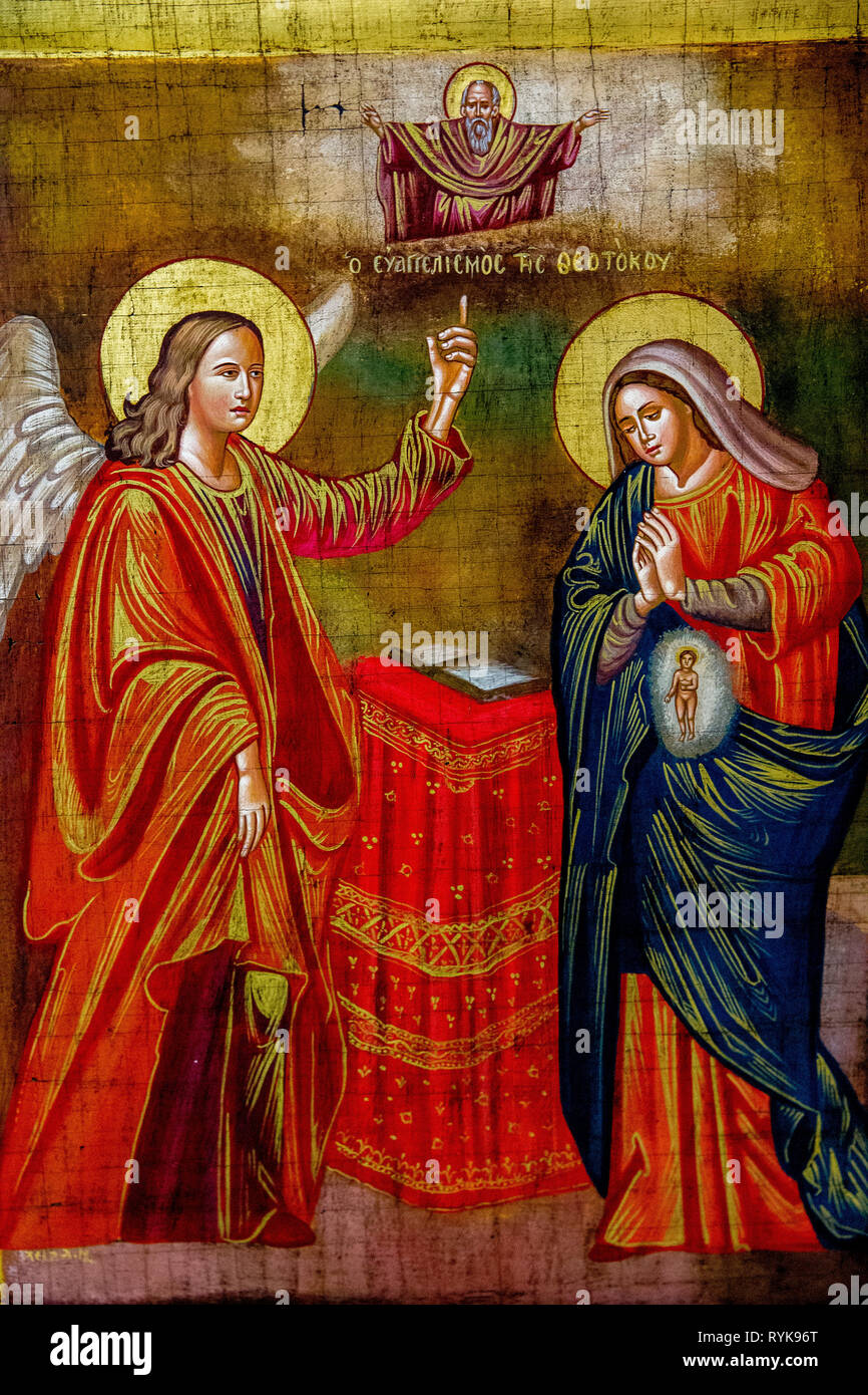Painting in the Greek orthodox church of the Annunciation, Nazareth, Israel. The Annunciation. Stock Photo