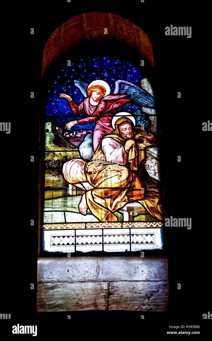 Saint Joseph's church, Nazareth, Galilee, Israel. Stained glass in the grotto depicting St Joseph's dream. Stock Photo