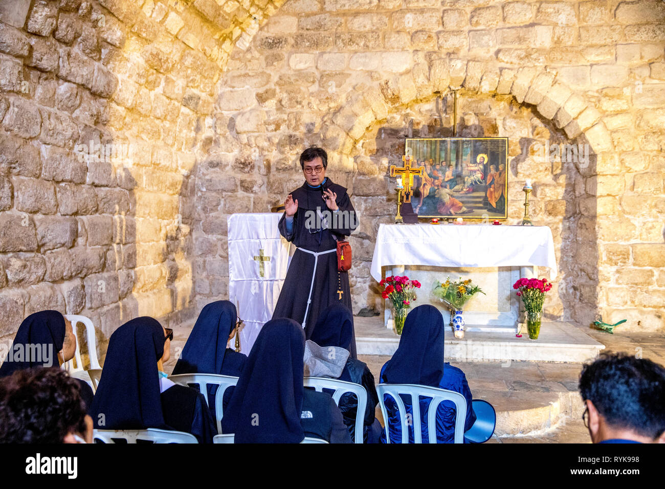 South Korean clergy in the synagogue church, Nazareth, galilee, israel. Stock Photo