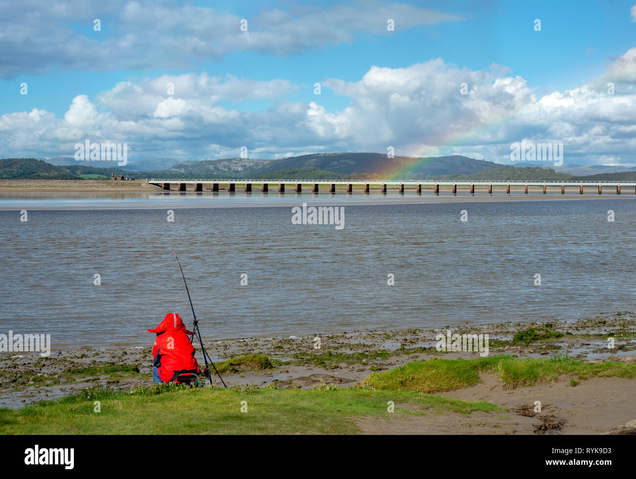 A person fishing for flat fish, Arnside, Cumbria, England. Stock Photo