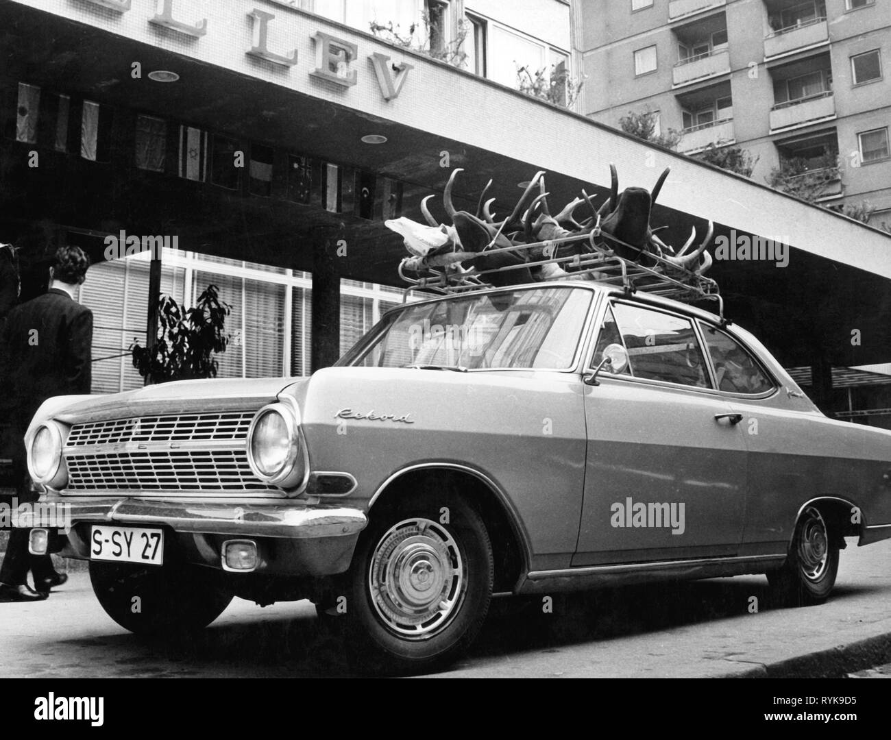 transport / transportation, cars, vehicle variants, Opel Rekord A, view from left ahead, loaded with horns, in front of Hotel Lev, Ljubljana, Slovenia, 1965, Additional-Rights-Clearance-Info-Not-Available Stock Photo