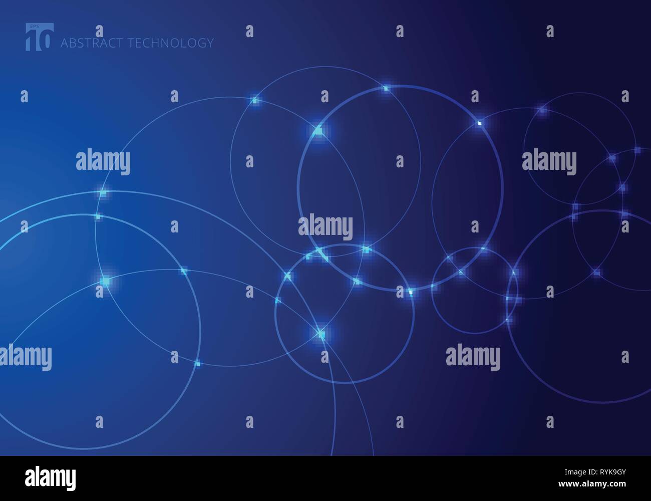 Abstract circles and dots with overlapping on blue background technology style. Future concept. Node molecule structure. Science and connection. banne Stock Vector
