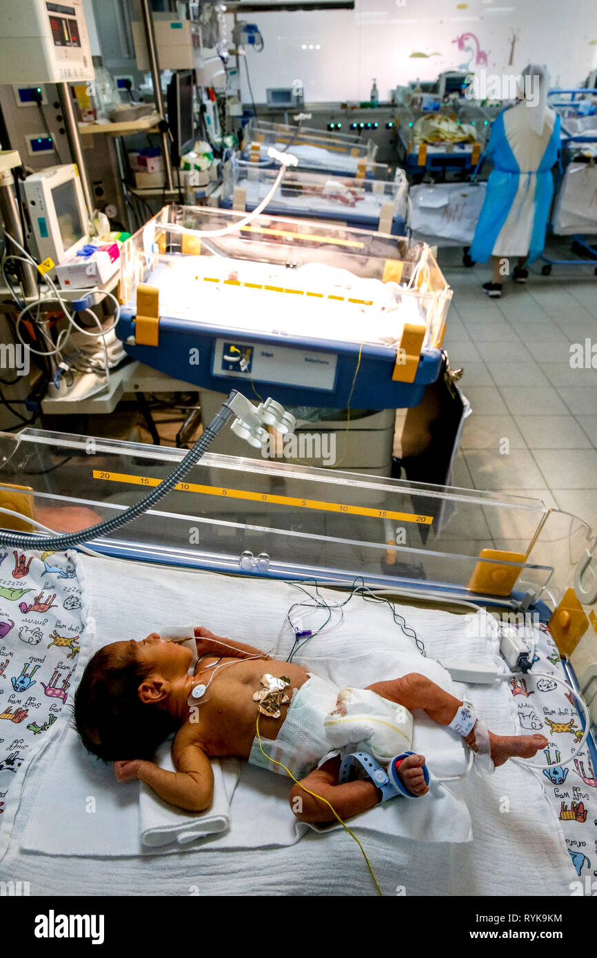 St Vincent de Paul hospital, run by the Daughters of Charity catholic missionaries in Nazareth, Israel. Neonatology ward. Premature babies. Stock Photo