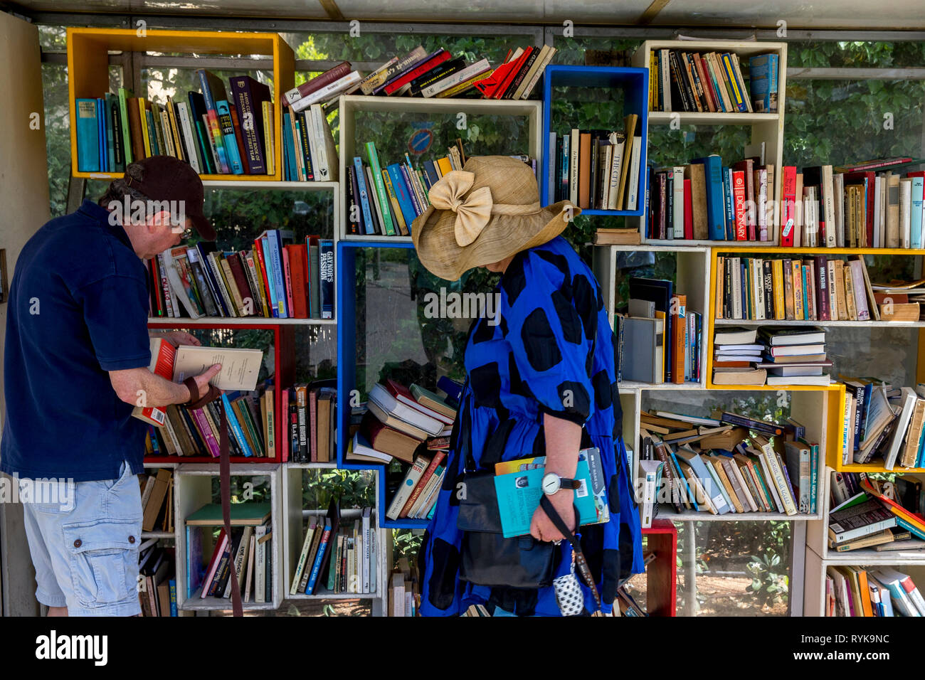 HaMoshava reading station, Jerusalem, Israel. Community street library. Stock Photo