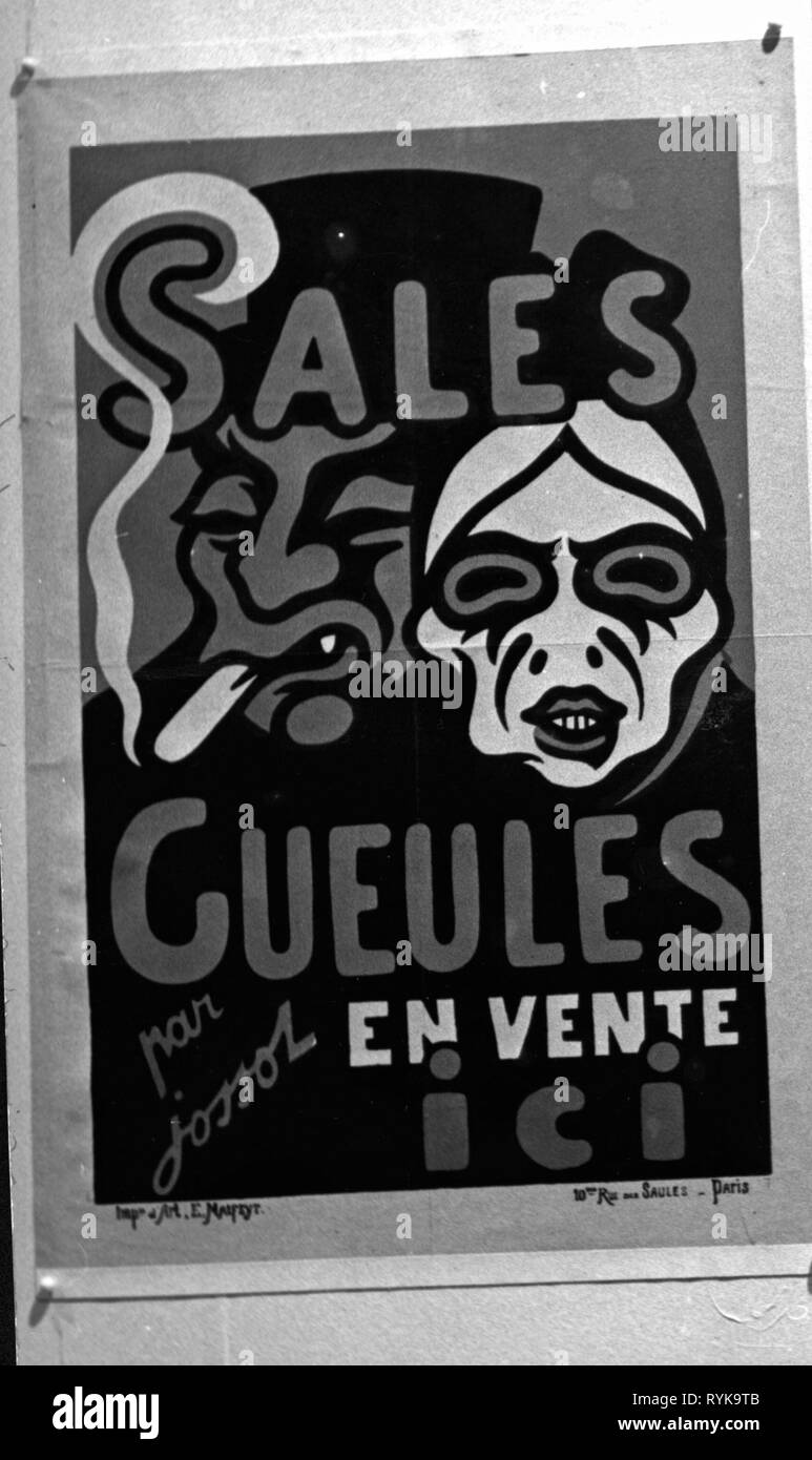 tobacco, caricature, 'Sales Gueules, En vente ici' ('Dirty yaps to sell'), anti-smoker poster of Gustave-Henri Jossot, printed by E. Malfeyt, Paris, 1896, Additional-Rights-Clearance-Info-Not-Available Stock Photo