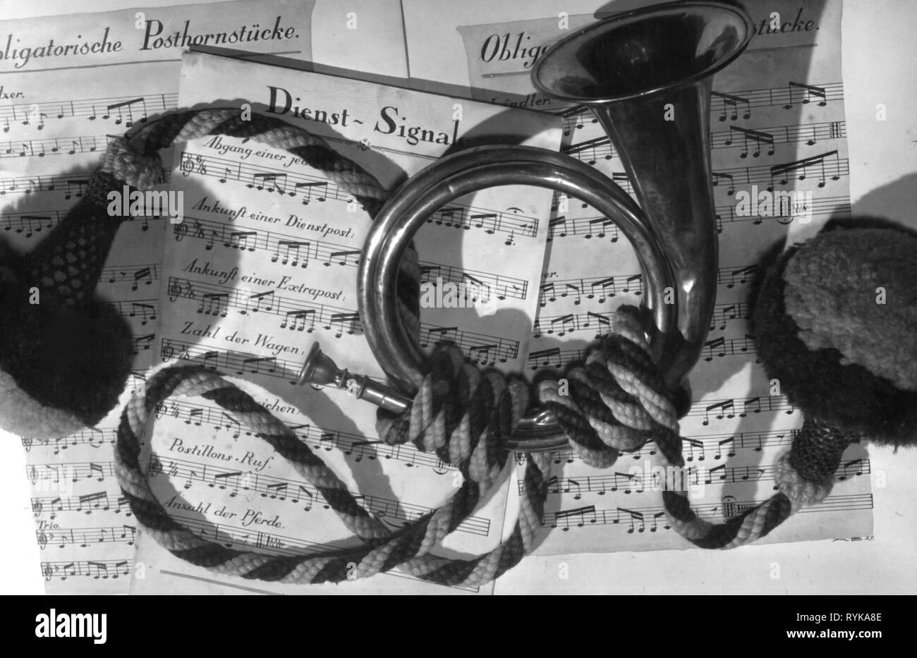 mail, post horns, posthorn from the 19th century and sheets of music, Germany, 1950s, Additional-Rights-Clearance-Info-Not-Available Stock Photo