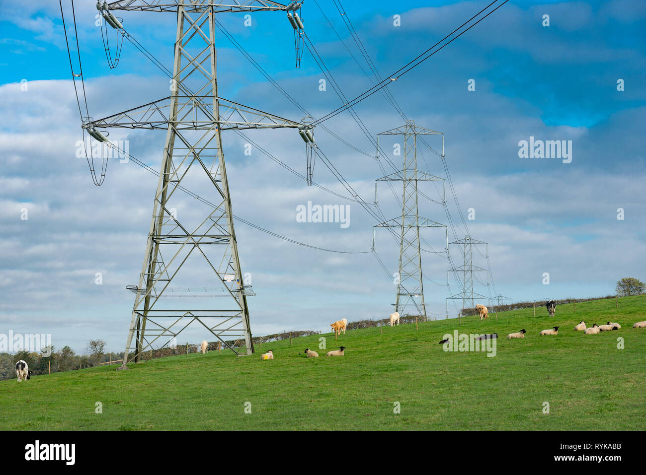 Electricity pylons at Five Lane Ends, Lancaster, Lancashire. Stock Photo