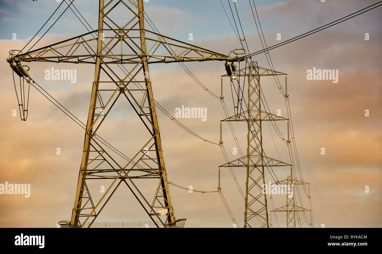 Electricity pylons at Five Lane Ends, Lancaster, Lancashire. Stock Photo