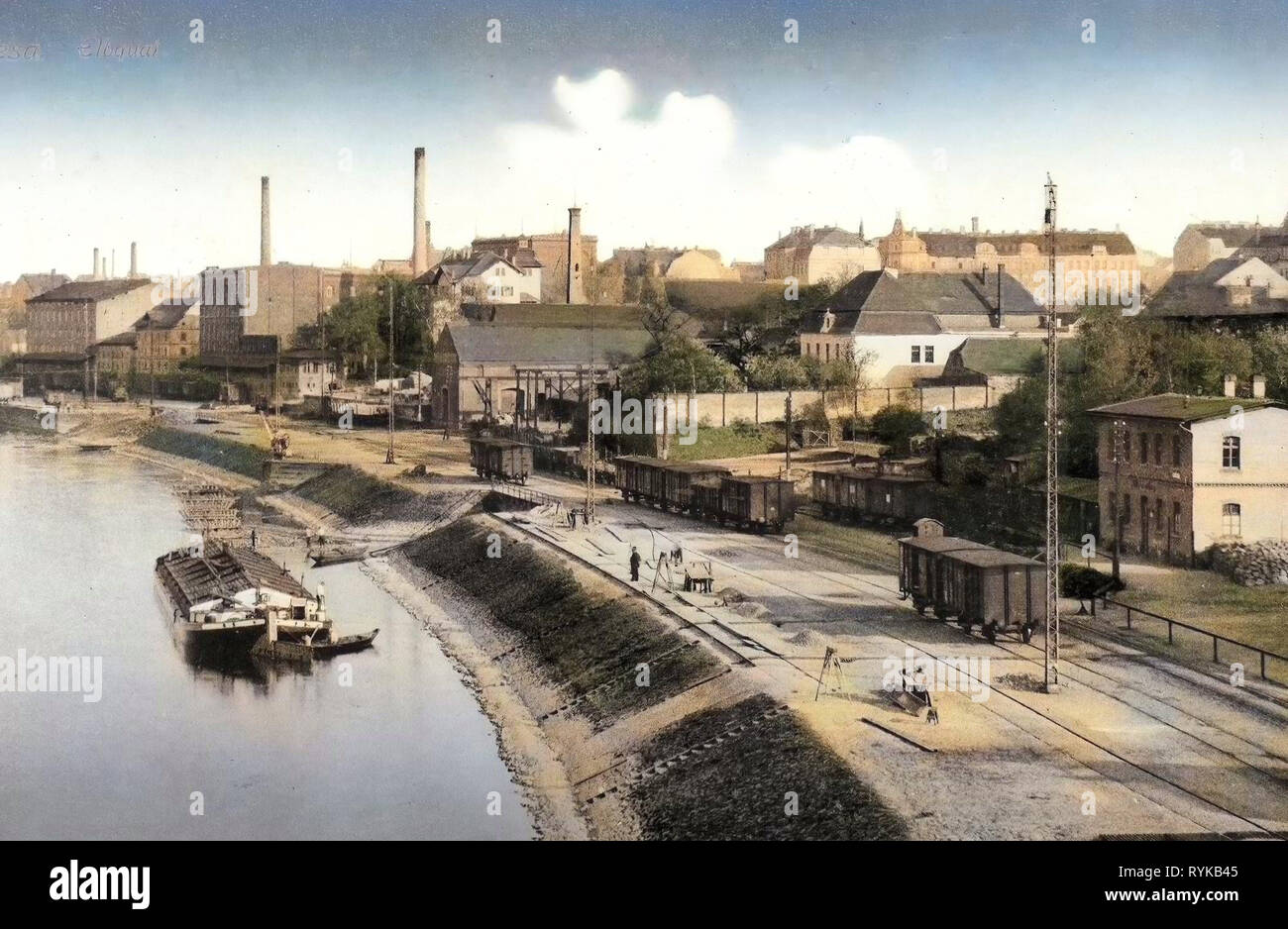 Buildings in Riesa, Elbe in Riesa, Barges of Germany, Railway coaches ...