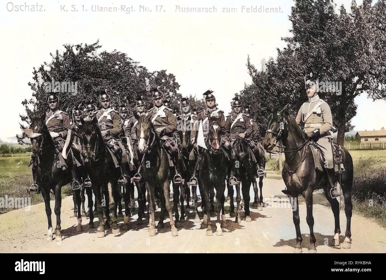 Military use of horses, Avenues in Saxony, 1912, Landkreis Nordsachsen, Oschatz, 1. Königlich Sächsisches Ulanen, Regiment Nr. 17, Ausmarsch zum Feldienst, Germany Stock Photo