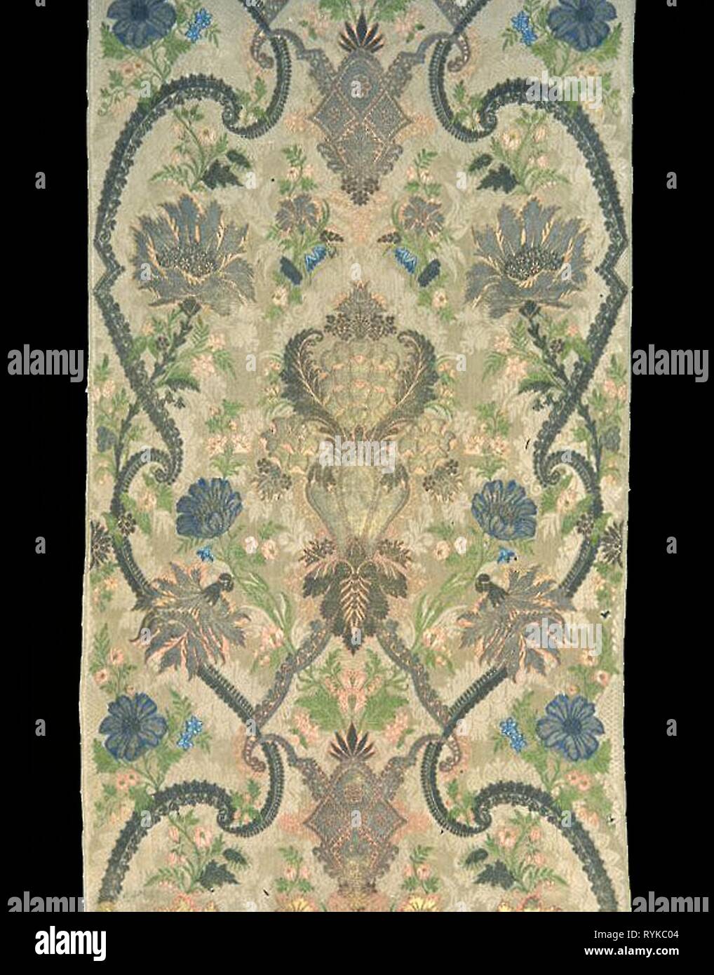Panel (formerly a Curtain from a Sedan Chair). France. Date: 1715-1725. Dimensions: a: 180.3 x 107.2 cm (71 x 42 1/8 in.)  b: 96.5 x 53.7 cm (37 7/8 x 21 1/4 in.)  c: 98.5 x 53.9 cm (38 3/4 x 21 1/4 in.)  Warp repeat: 68- 70.4 cm (26 3/4-27 3/4 in.)  Loom width: 54 cm (21 1/4 in.)  Width between selvages: 52.8 cm (20 3/4 in.). Silk, gold and silver gilt strips wound around silk fiber core, warp-float faced 7:1 satin weave with supplementary brocading wefts tied by supplementary binding warps in 3:1 twill interlacing and self-patterned by areas of plain weave. Origin: France. Museum: The Chicag Stock Photo