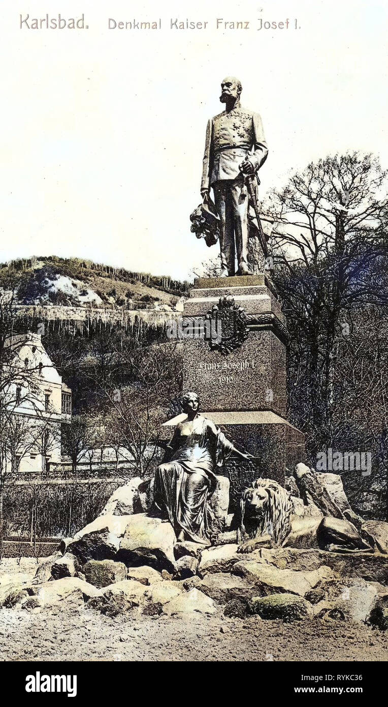 Franz Joseph I of Austria, Monuments and memorials to people in the Czech Republic, Sculptures of lions, 1912, Karlovy Vary Region, Karlsbad, Denkmal Kaiser Franz Josef I Stock Photo