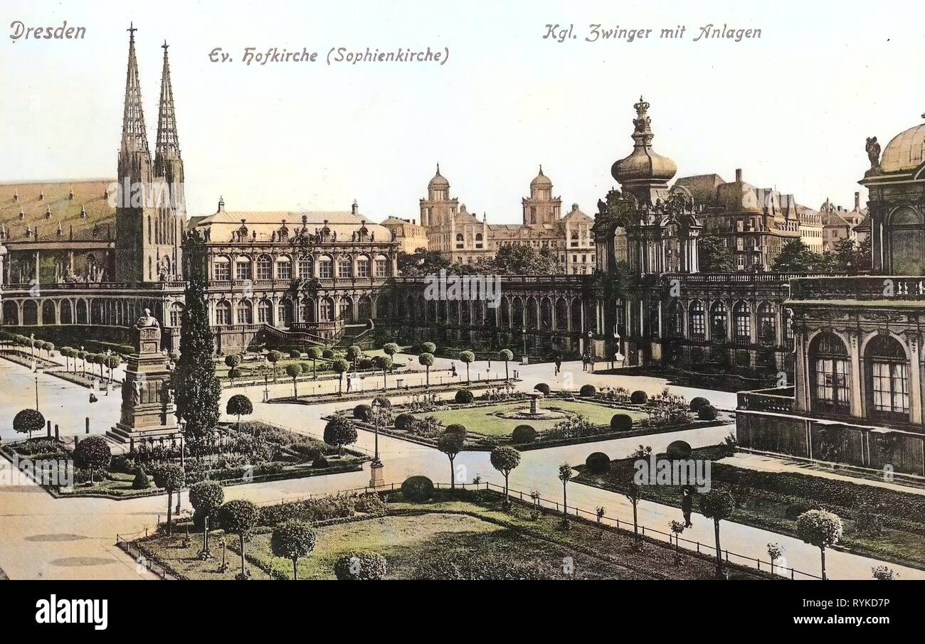 Zwinger, Dresden, Sophienkirche (Dresden), Postgebäude am Antonsplatz, Kronentor (Zwinger, Dresden), 1915, Zwinger mit Anlagen und Sophienkirche, Germany Stock Photo