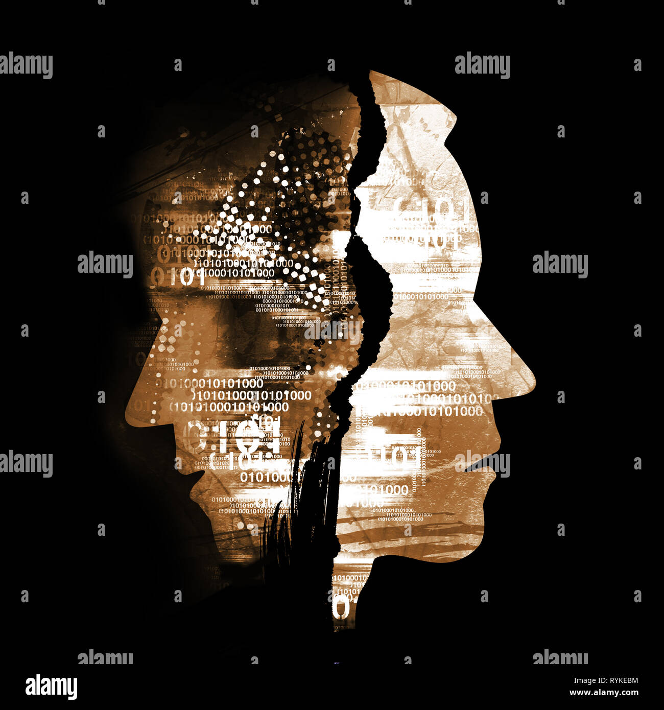 Schizophrenia, depression, human tragedy, male heads. Male heads stylized silhouettes shown in profile. Concept symbolizing schizophrenia, depression, Stock Photo