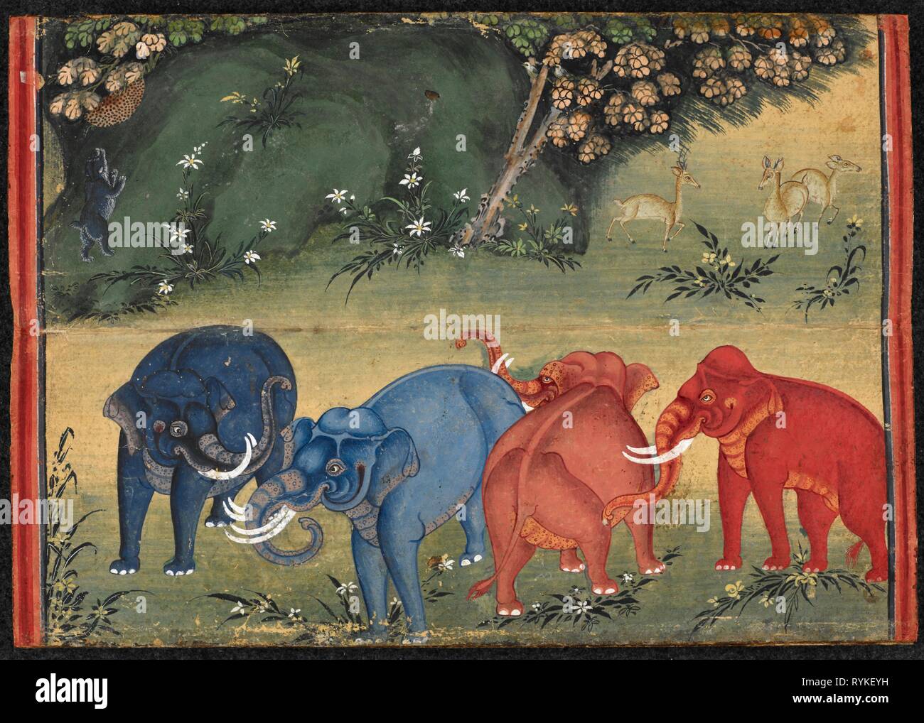 Elephants at play in the forest. Elephant treatise. c.1830. Painting on folded paper, script in ink with text and illustrations of elephant divinities and natural elephants. Source: Or. 13652, f.20. Language: Thai. Stock Photo