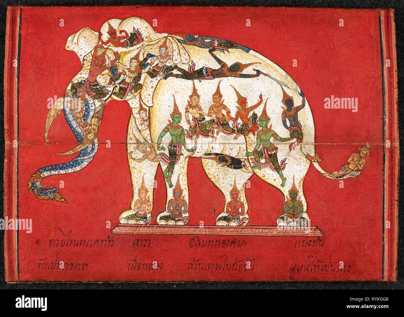 A white elephant painted against a red background. It incorporates numerous moving and seated human figures. Elephant treatise. c.1830. Source: Or. 13652, f.6. Language: Thai. Stock Photo