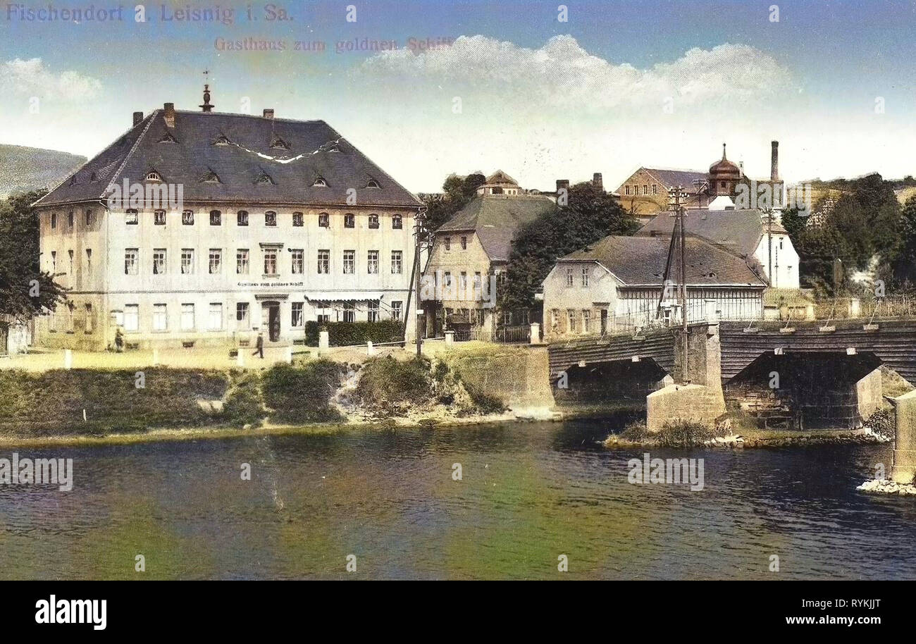 Inns in Landkreis Mittelsachsen, Fischendorf (Leisnig), 1915, Landkreis Mittelsachsen, Fischendorf, Gasthaus zum goldnen Schiff, Germany Stock Photo