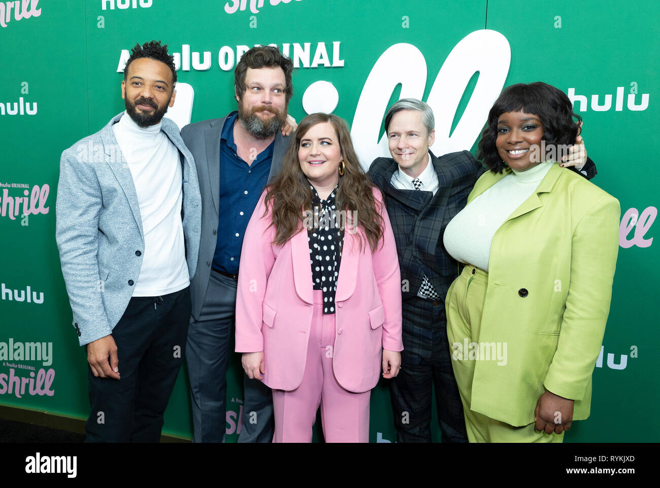 New York, United States. 13th Mar, 2019. Ian Owens, Luka Jones, Aidy Bryant, John Cameron Mitchell, Lolly Adefope attends New York Hulu Shrill premiere screening at Walter Reade Theater of Lincoln Center Credit: Lev Radin/Pacific Press/Alamy Live News Stock Photo