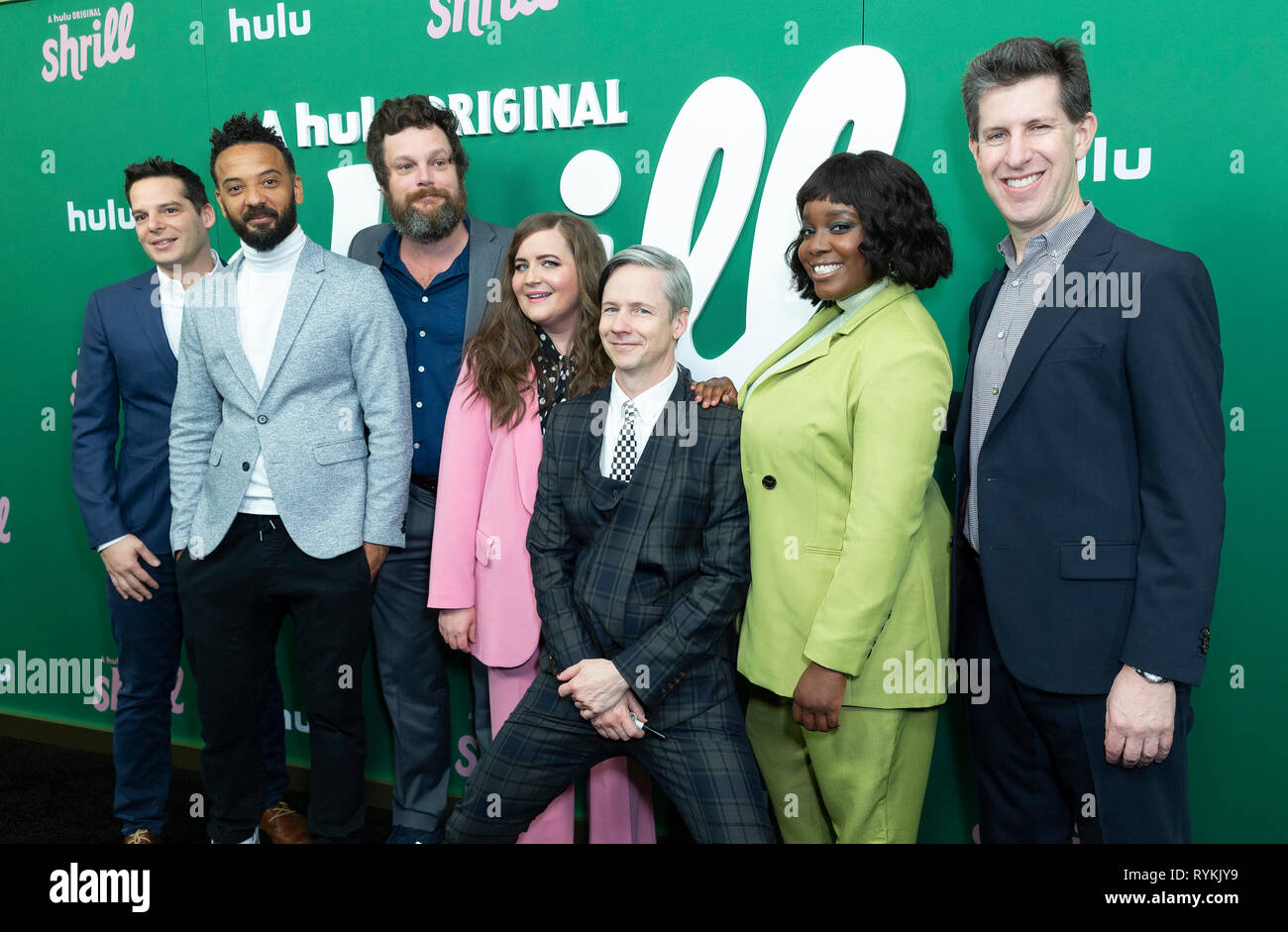 New York, United States. 13th Mar, 2019. Billy Rosenberg, Ian Owens, Luka Jones, Aidy Bryant, John Cameron Mitchell, Lolly Adefope, Craig Erwich attends New York Hulu Shrill premiere screening at Walter Reade Theater of Lincoln Center Credit: Lev Radin/Pacific Press/Alamy Live News Stock Photo