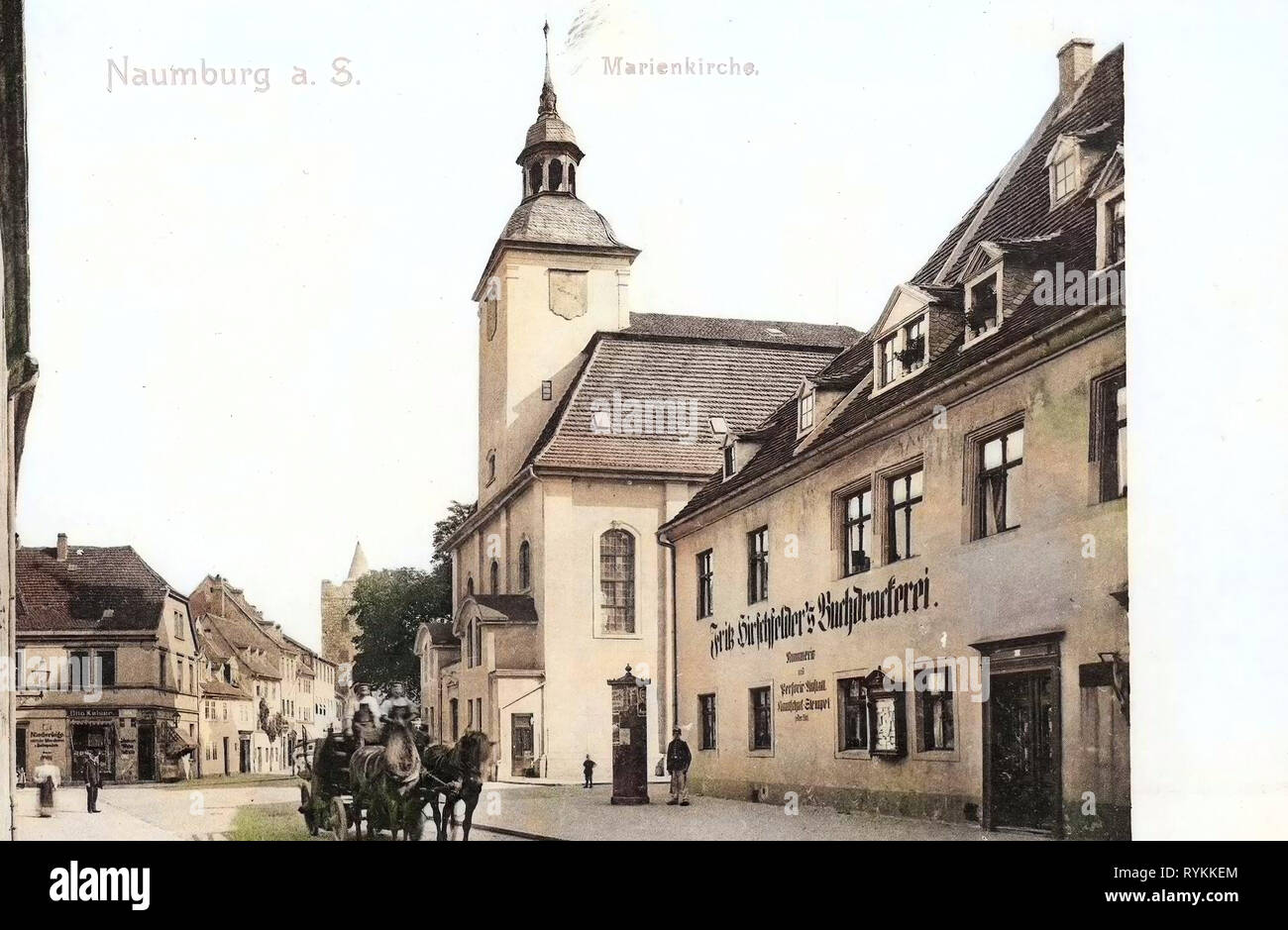 Horses of Saxony-Anhalt, Printing companies of Germany, Advertising columns in Saxony-Anhalt, Churches in Naumburg (Saale), 1903, Saxony-Anhalt, Naumburg, Marienkirche, Buchduckerei, Pferdefuhrwerk Stock Photo