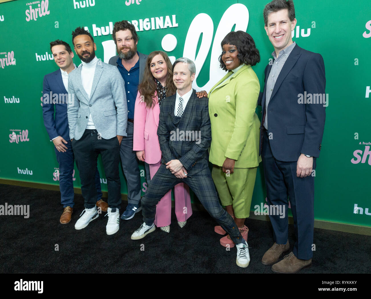 New York, United States. 13th Mar, 2019. Billy Rosenberg, Ian Owens, Luka Jones, Aidy Bryant, John Cameron Mitchell, Lolly Adefope, Craig Erwich attends New York Hulu Shrill premiere screening at Walter Reade Theater of Lincoln Center Credit: Lev Radin/Pacific Press/Alamy Live News Stock Photo