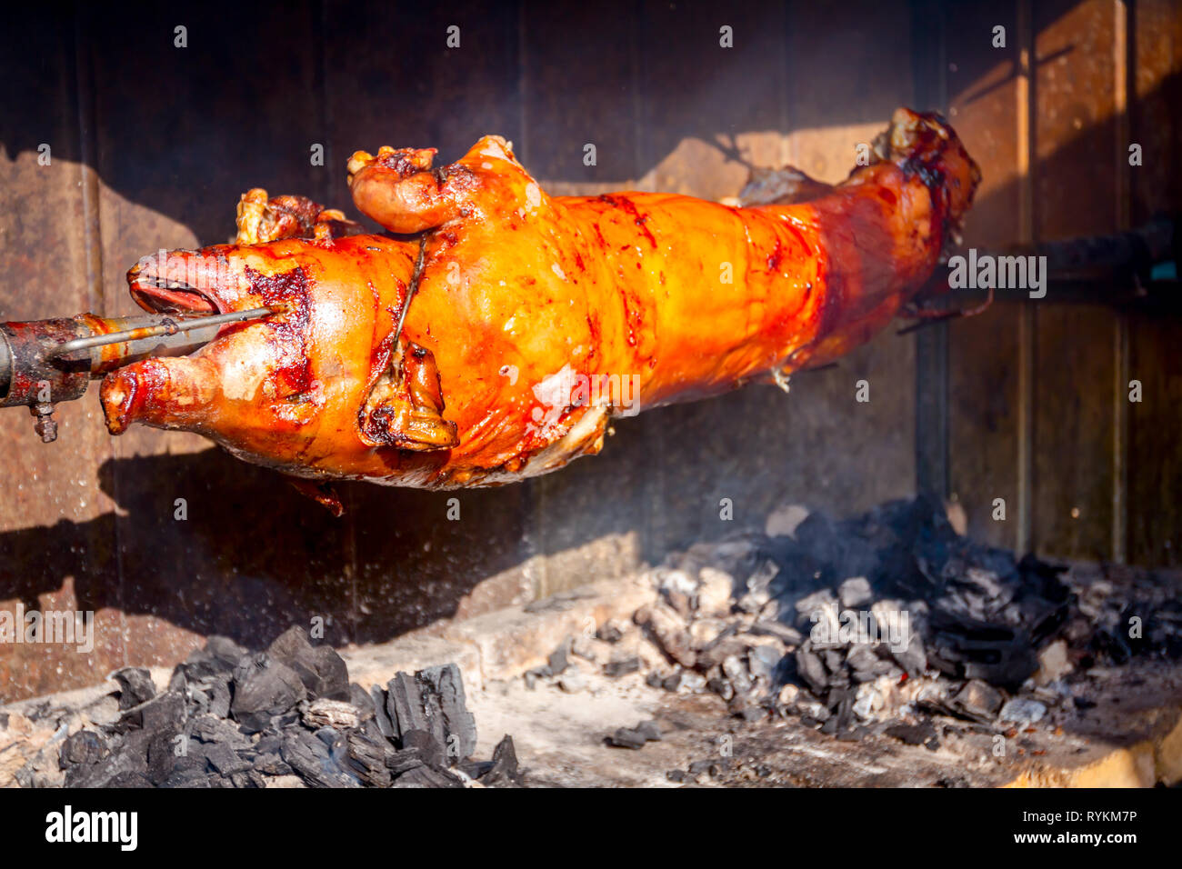 Pig is being grilled slowly on spit in traditional way, cooked with charcoal, fatty roasted meat Stock Photo