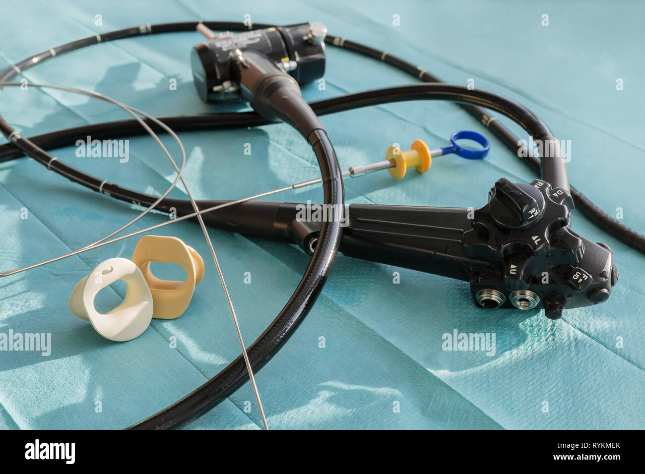 Endoscope,  mouthpiece and  biopsy forceps Stock Photo