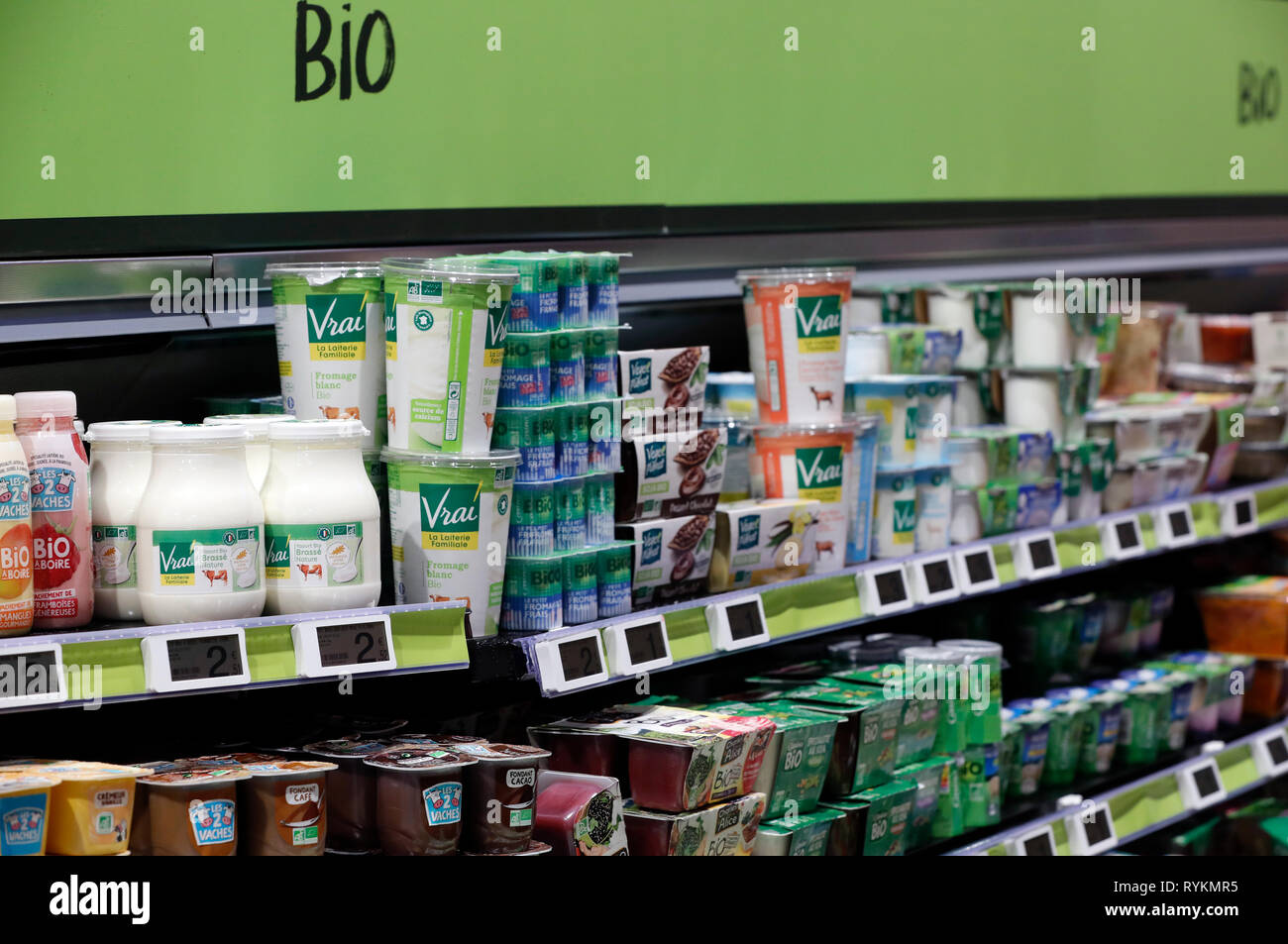 Supermarket. Organic food. Yogurts.   France. Stock Photo