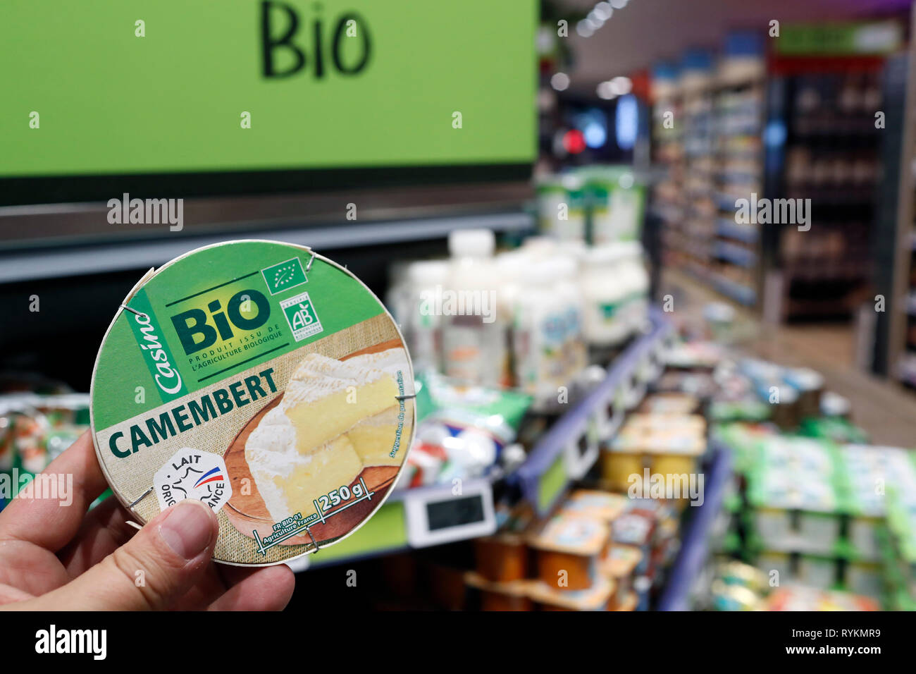 Supermarket. Organic food. French cheese : camembert.  France. Stock Photo