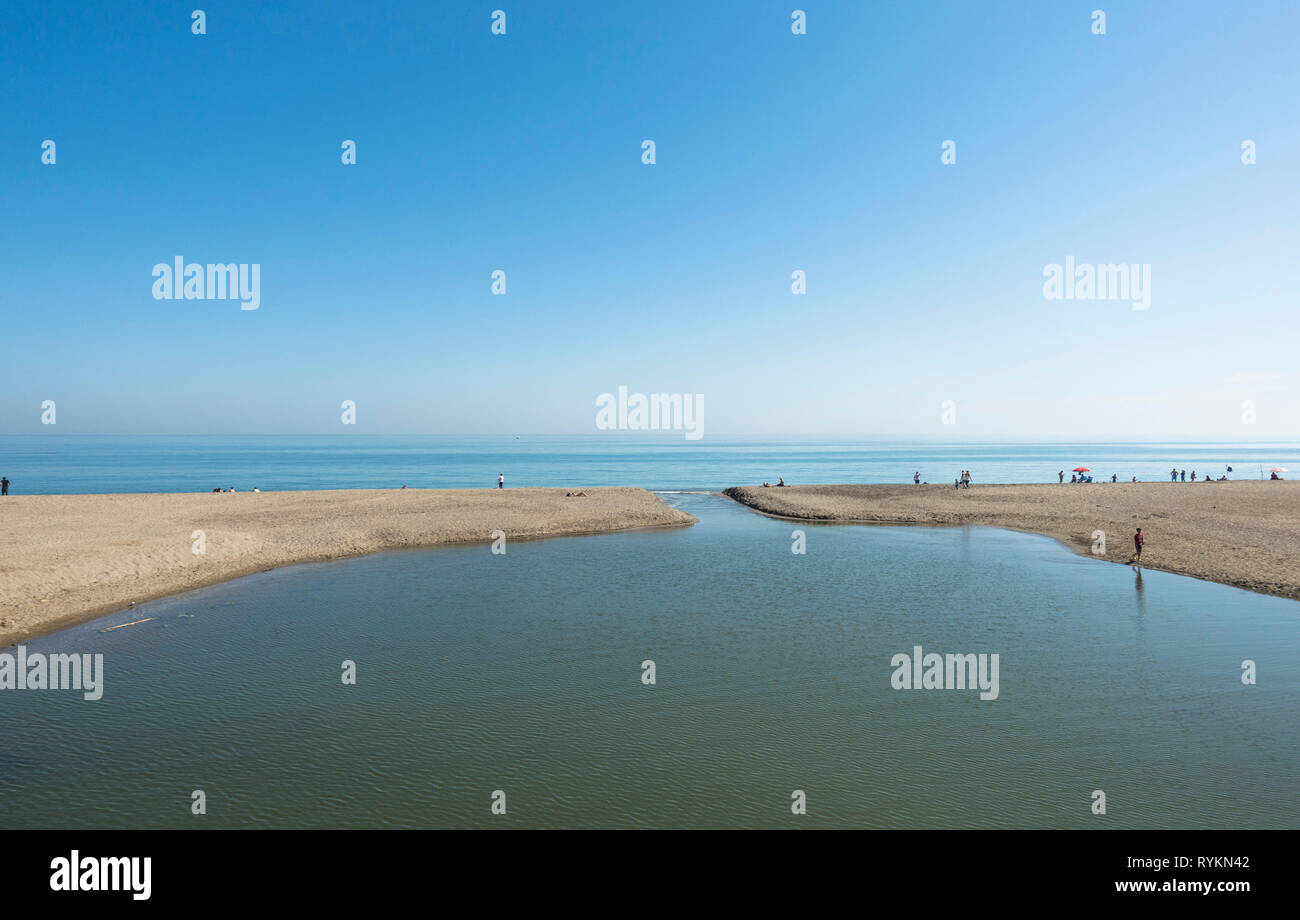 River mouth of Fuengirola river to mediterranean sea, Spain. Stock Photo
