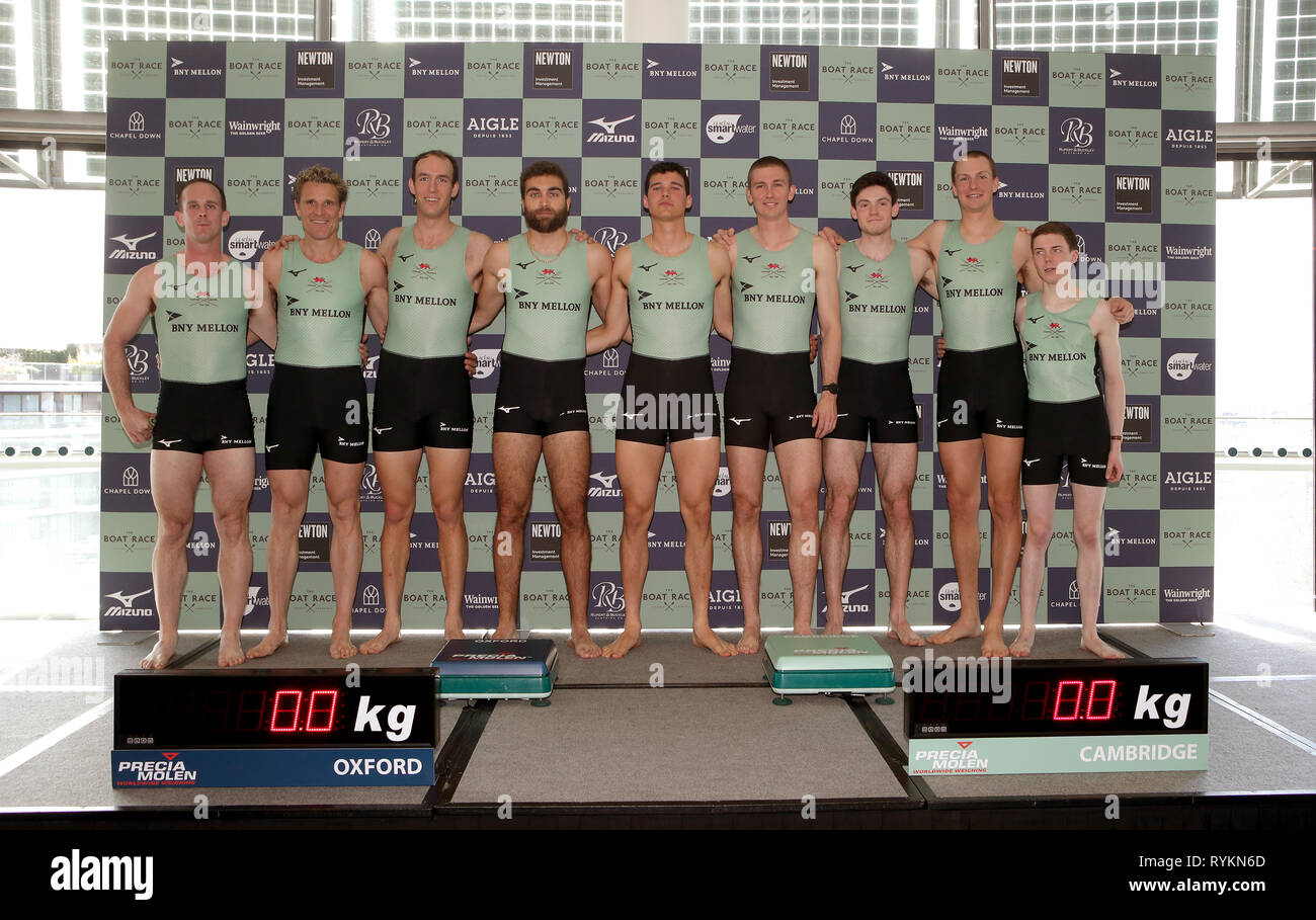 The Cambridge University Boat Club pose during the weigh in during the Boat Race crew