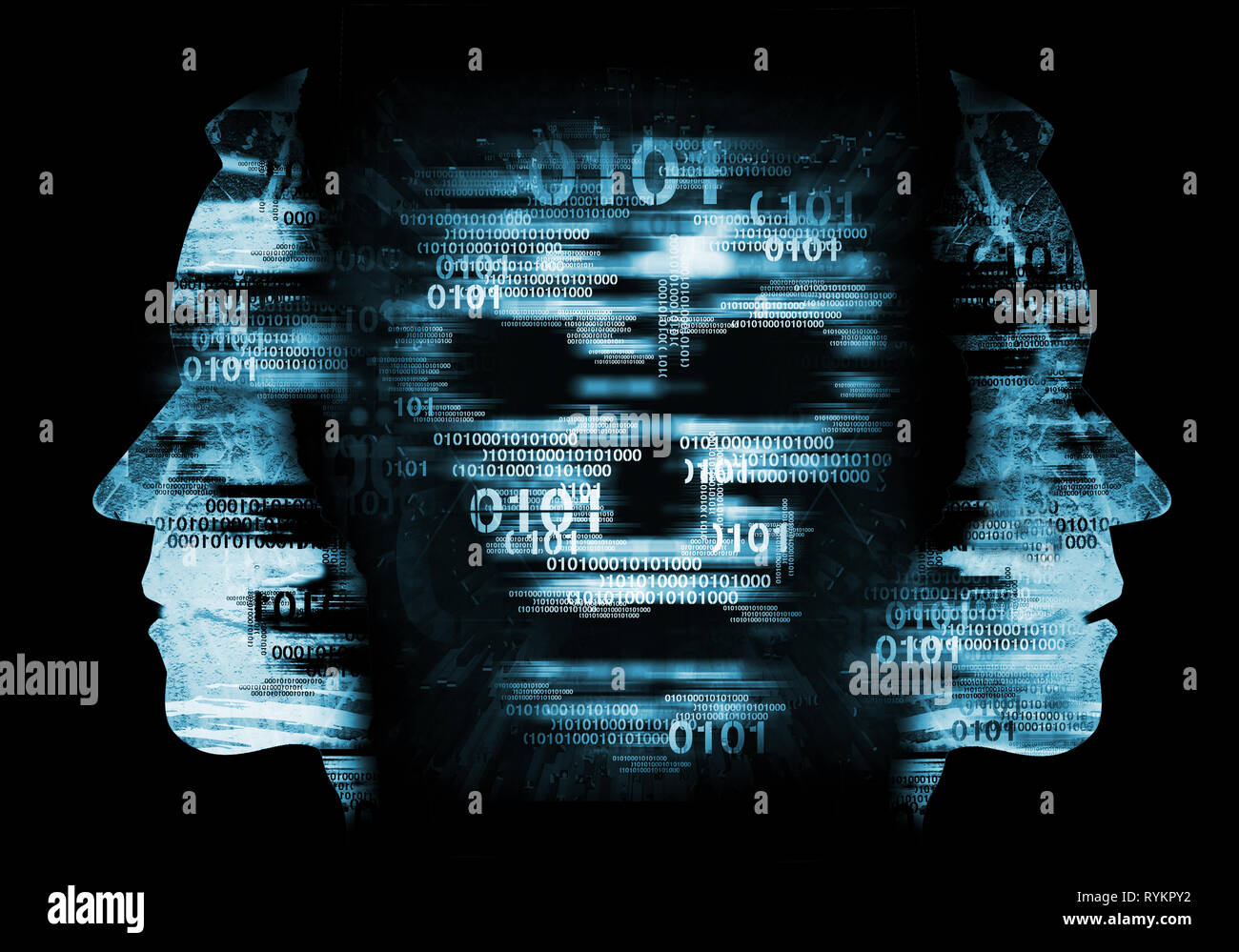 acker,Computer virus skull concept. Illustration of Abstract Skull sign with binary codes on blue background and two stylized male heads. Concept for Stock Photo