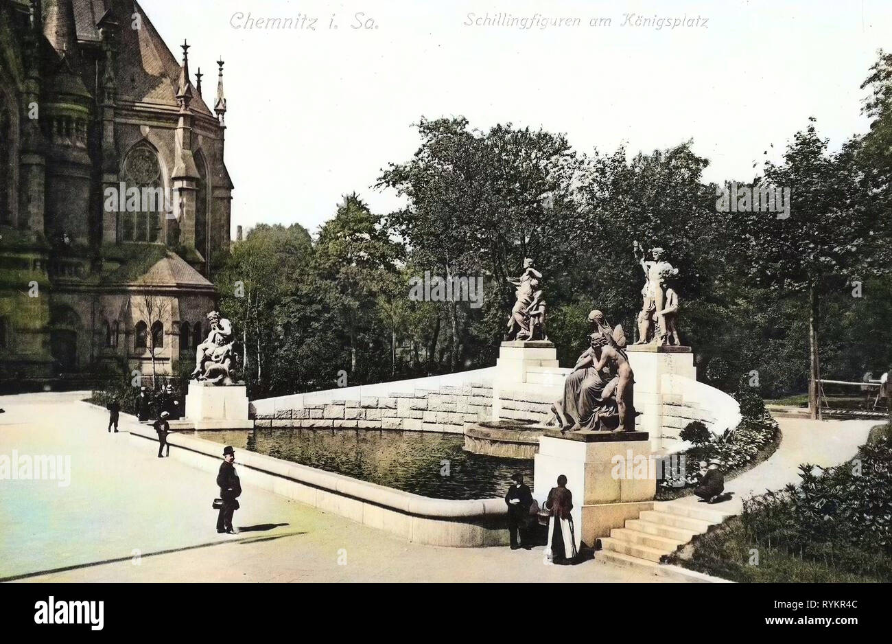 Vier Tageszeiten, Sculptures in Chemnitz, Schlosskirche Chemnitz, Streets and squares in Chemnitz, 1913, Chemnitz, Schillingfiguren am Königsplatz Stock Photo