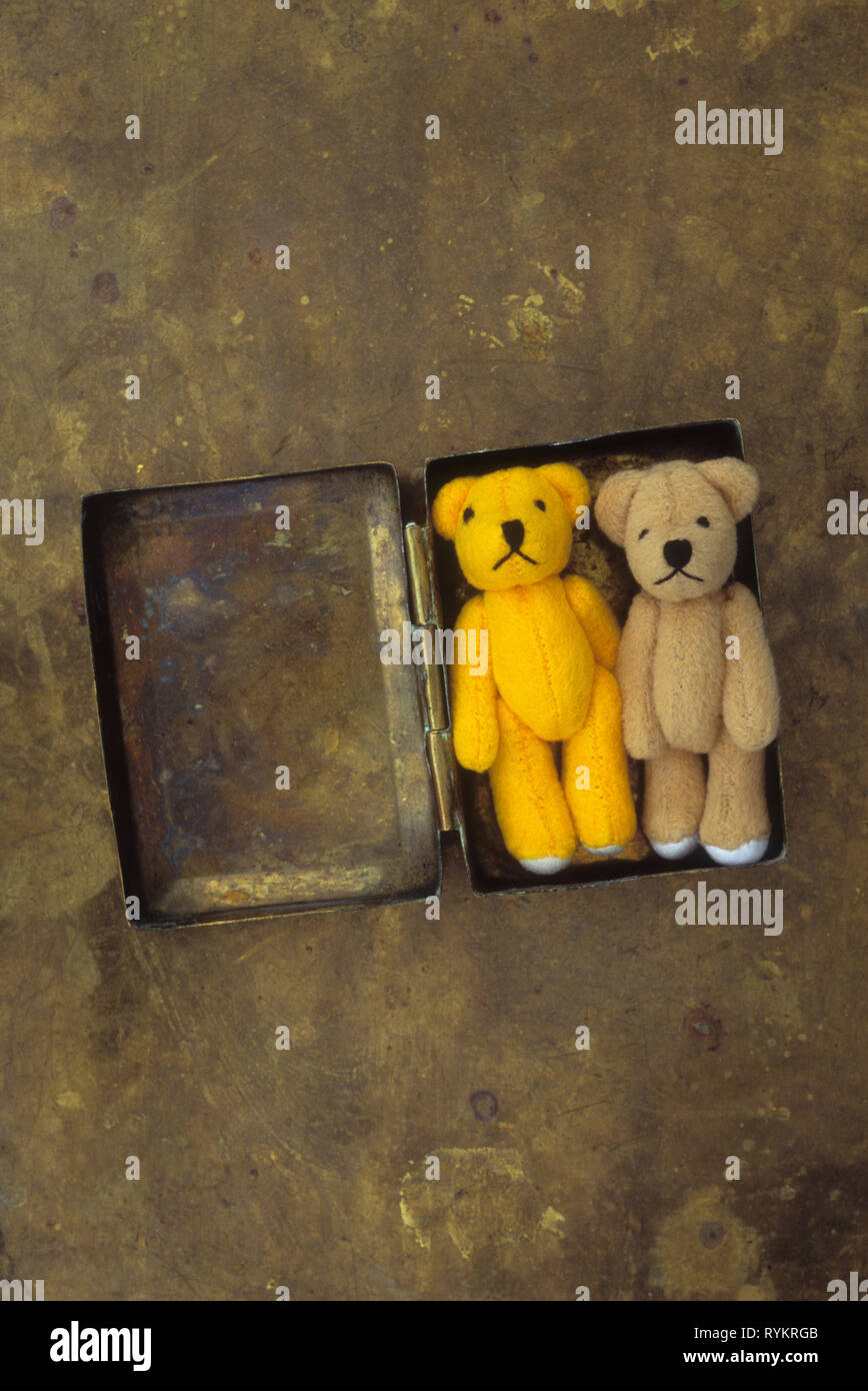 One yellow and one light brown miniature teddy bears lying in small tarnished brass box Stock Photo