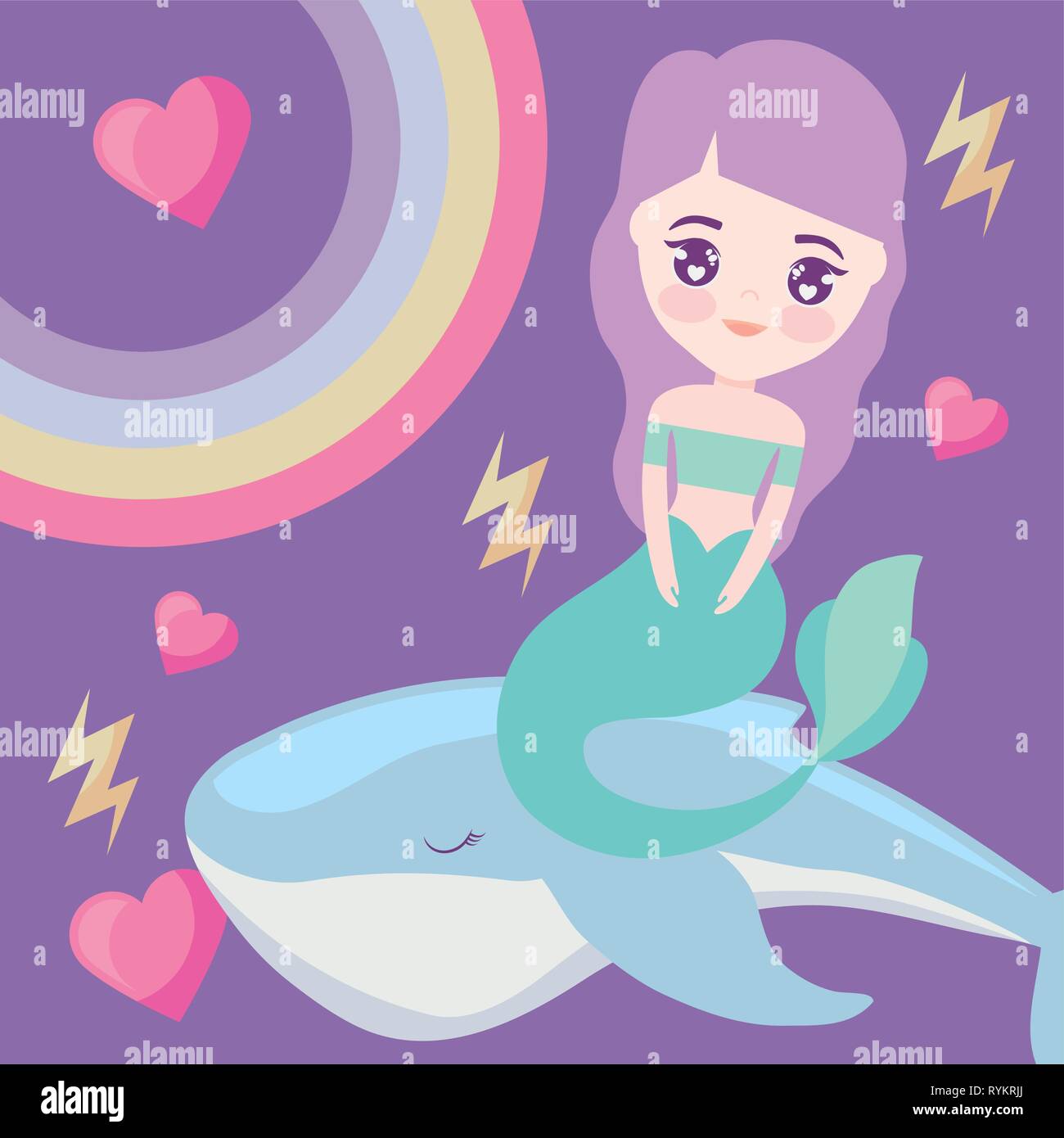 cute mermaid with whale and rainbow vector illustration design Stock ...