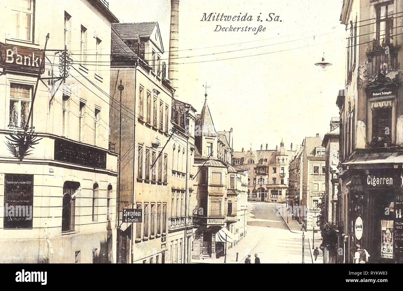 Buildings in Mittweida, Banks in Germany, Tobacco shops in Germany, 1921, Landkreis Mittelsachsen, Mittweida, Deckerstraße Stock Photo