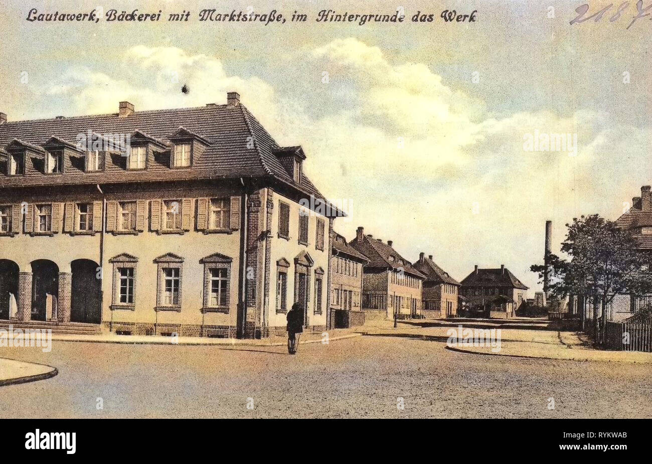 Bakeries in Saxony, Buildings in Landkreis Bautzen, Lauta, Cultural heritage monuments in Lauta, 1921, Landkreis Bautzen, Lautawerk, Bäckerei mit Marktstraße, Germany Stock Photo