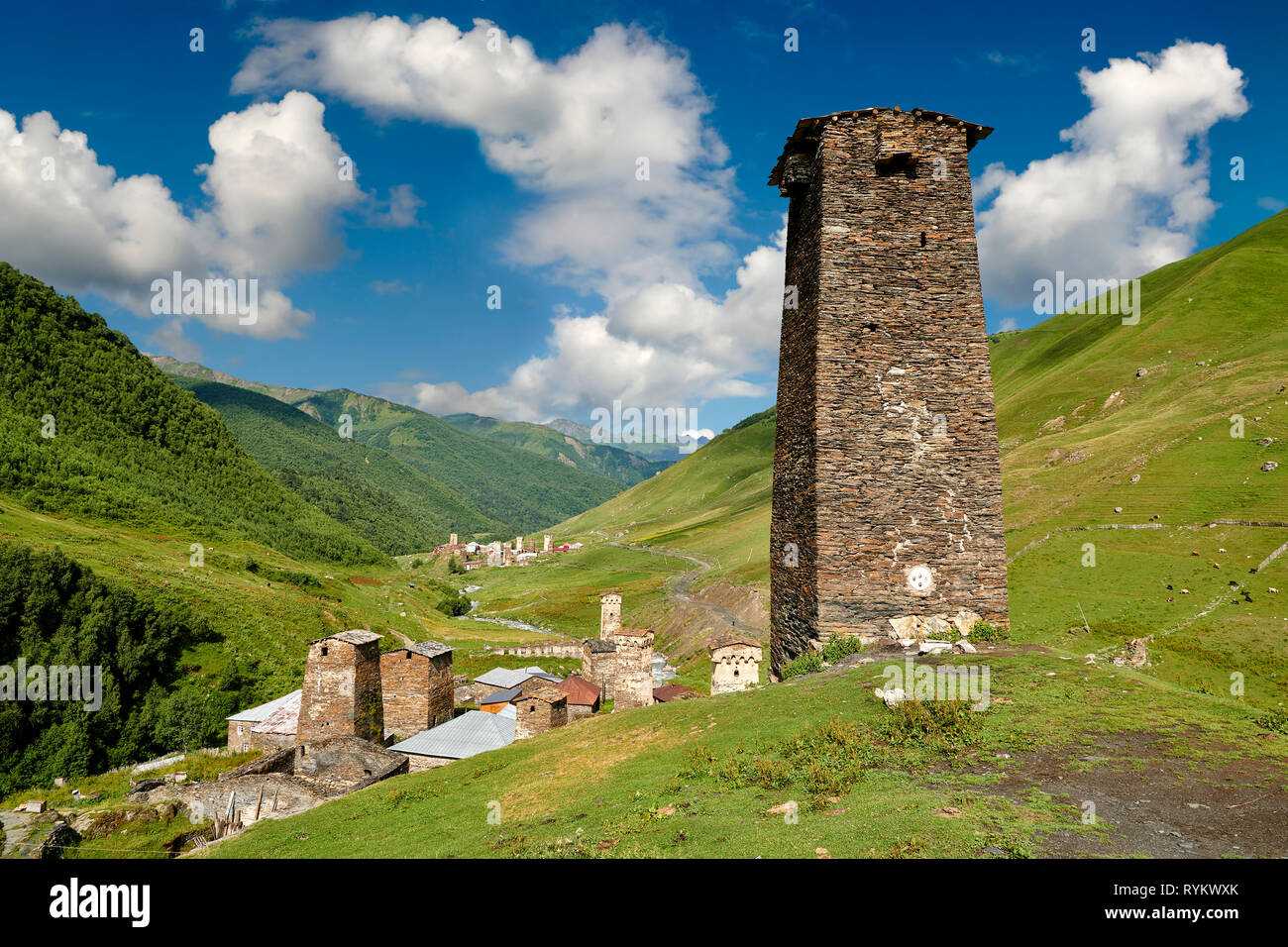 Stone medieval Svaneti tower of Queen Tamar’s Castle,  Chazhashi, Ushguli, Upper Svaneti, Samegrelo-Zemo Svaneti, Mestia, Georgia. Stock Photo