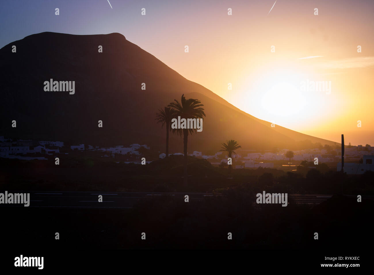 Sunset on Lanzarote - Canary Islands - Atlantic Ocean - Volcanic Landscape Stock Photo