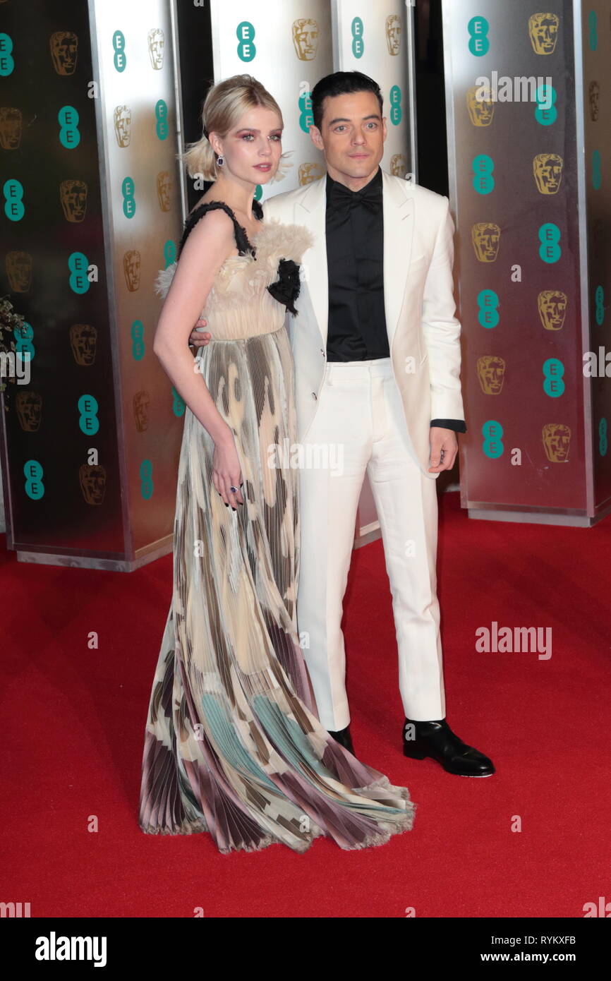 Arrivals for the EE British Academy Film Awards after party, held at the  Grosvenor House Hotel in London. Featuring: Lucy Boynton and Rami Malek  Where: London, United Kingdom When: 10 Feb 2019