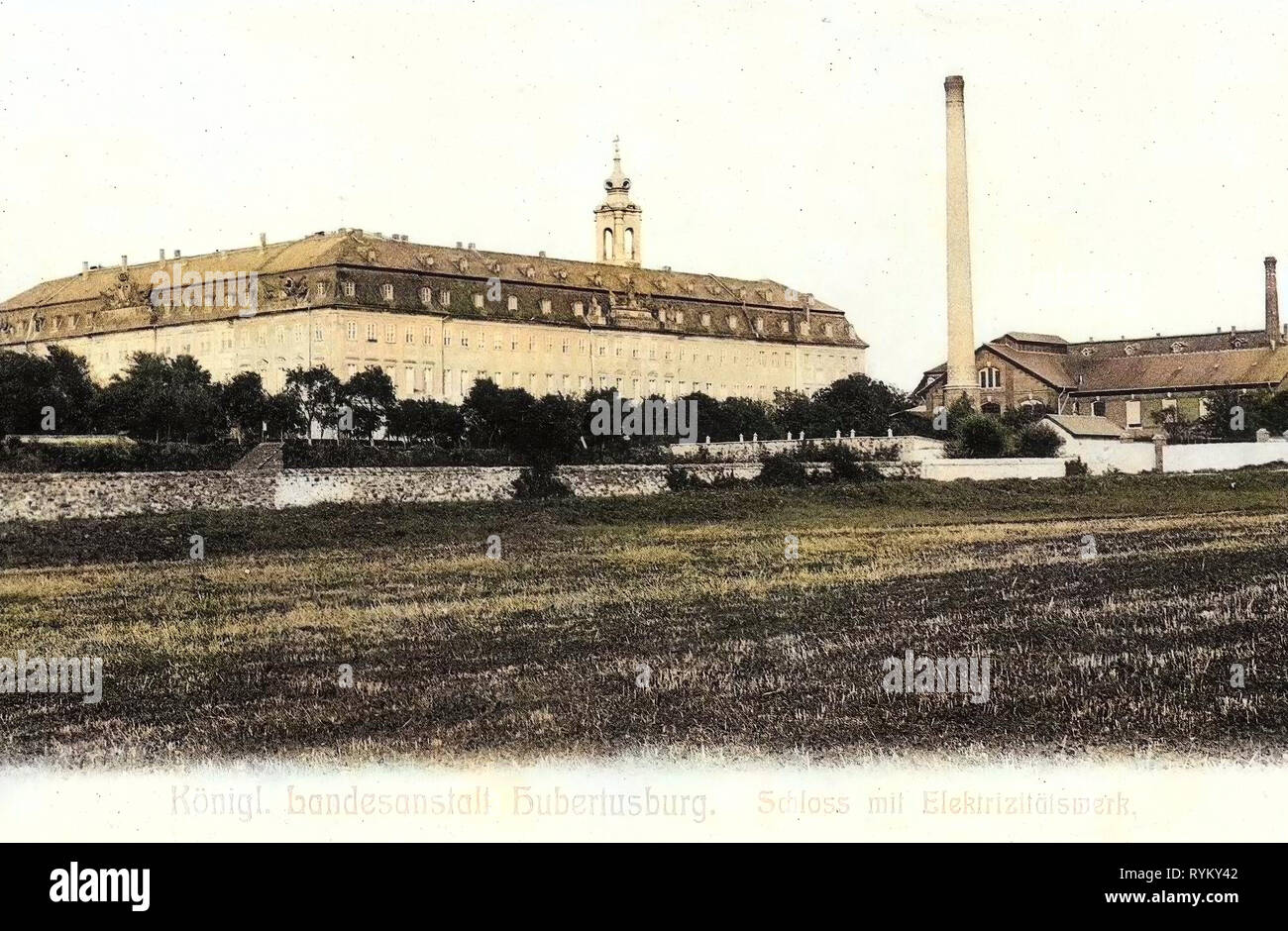 Hospitals in Saxony, Hubertusburg, 1902, Landkreis Nordsachsen, Landesanstalt, Schloß mit Elektrizitätswerk, Germany Stock Photo