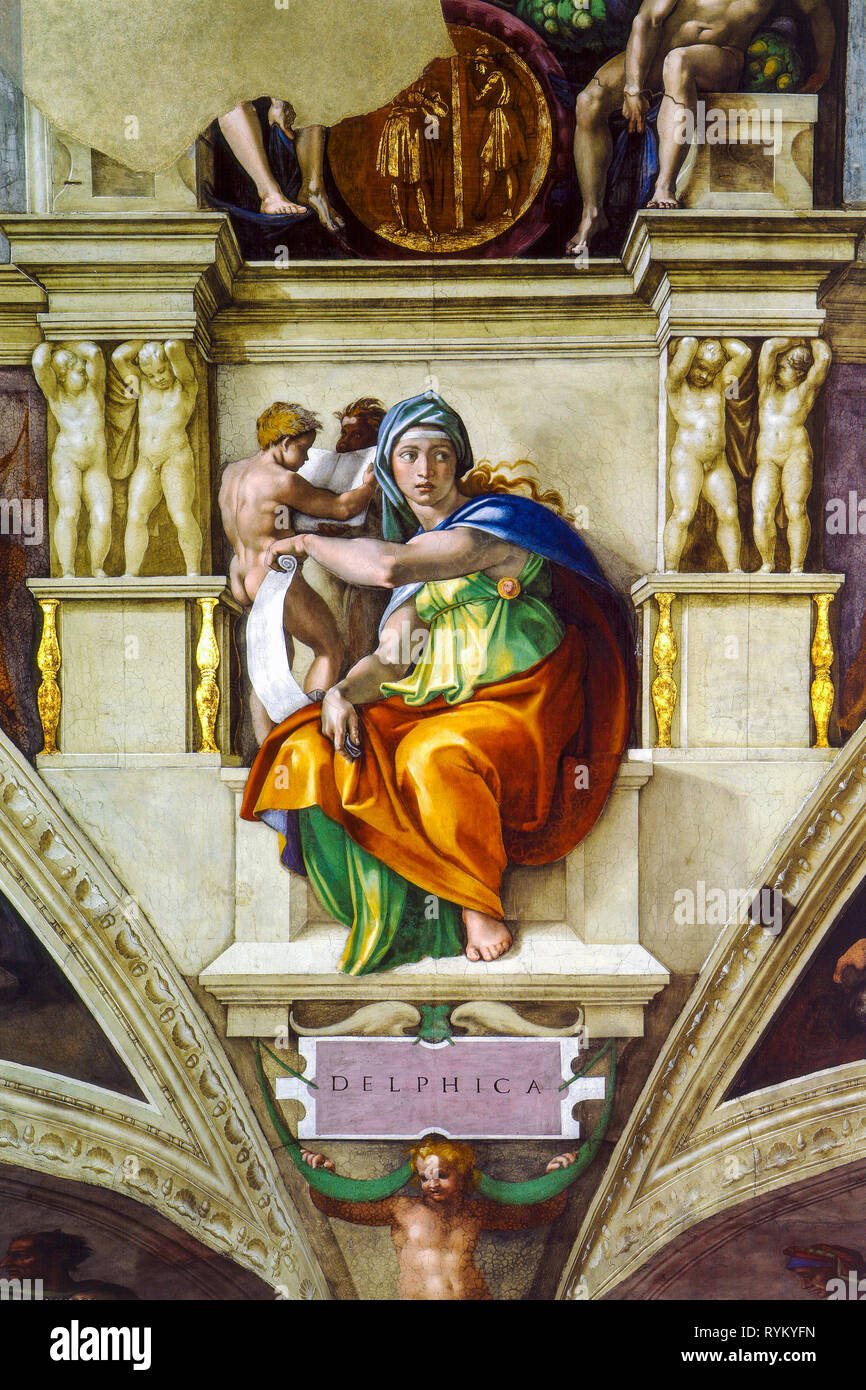 Michelangelo, Delphic Sibyl, fresco painting, Sistine Chapel, 1509 Stock Photo